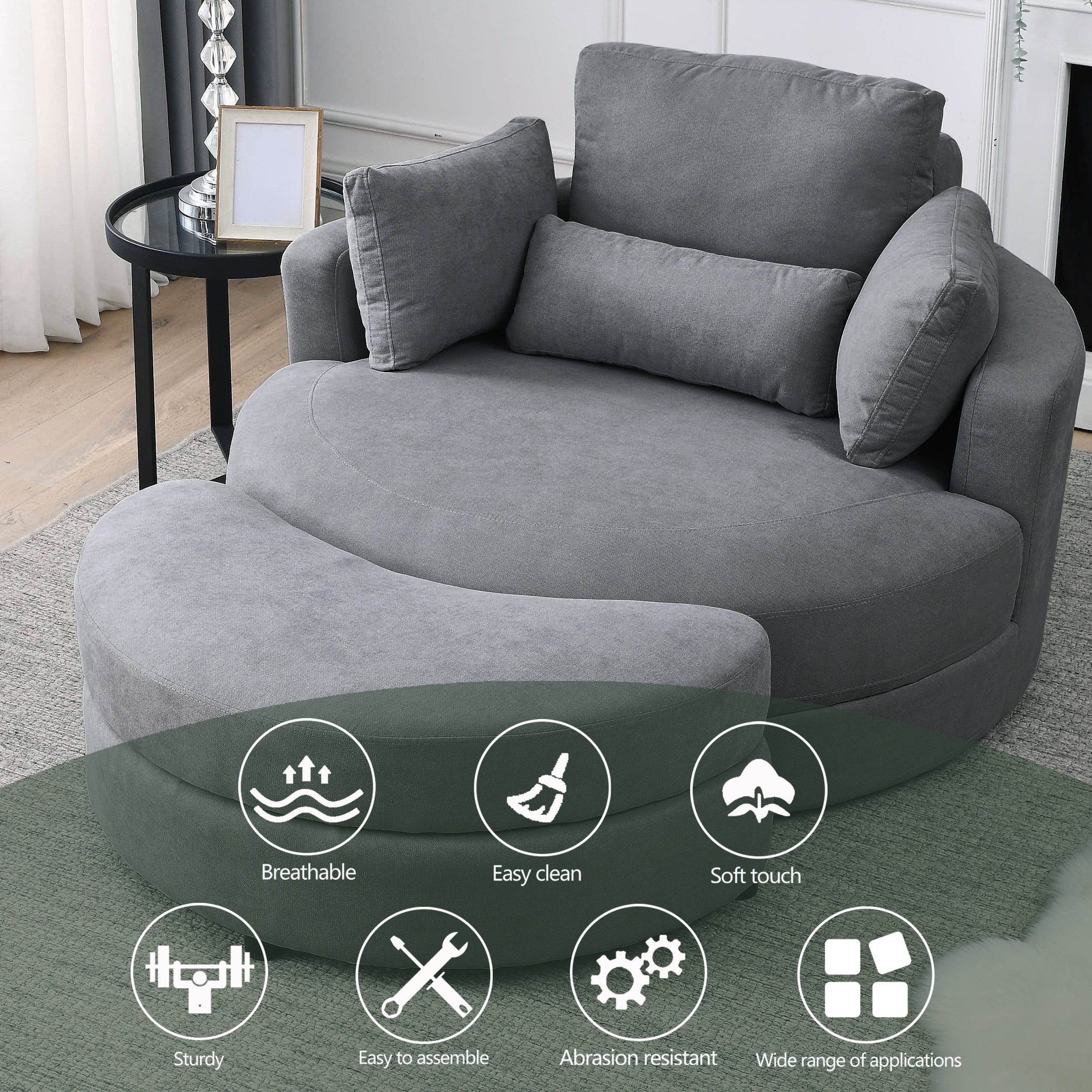 [Video] Welike Swivel Accent Barrel Modern Dark Grey Sofa Lounge Club Big Round Chair with Storage Ottoman Linen Fabric for Living Room Hotel with Pillows