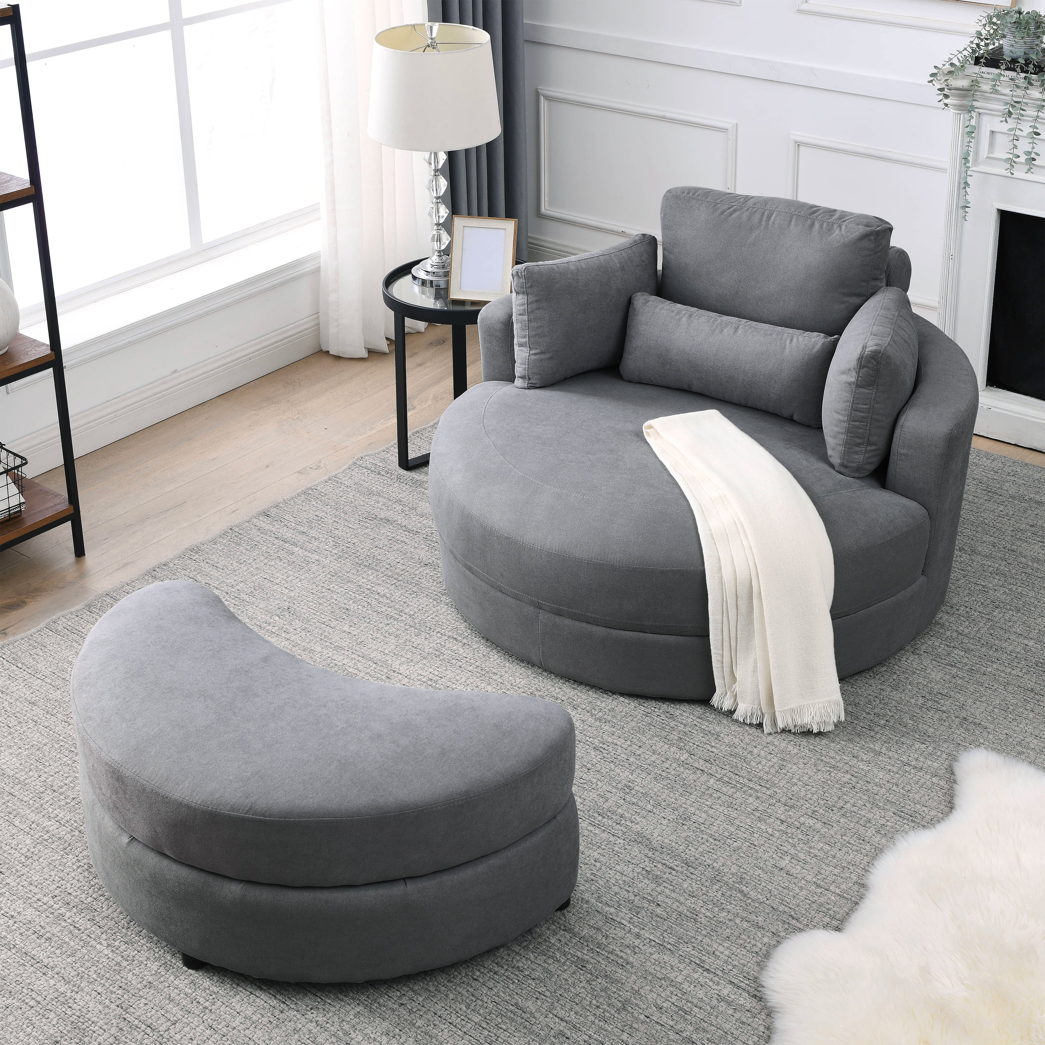 [Video] Welike Swivel Accent Barrel Modern Dark Grey Sofa Lounge Club Big Round Chair with Storage Ottoman Linen Fabric for Living Room Hotel with Pillows