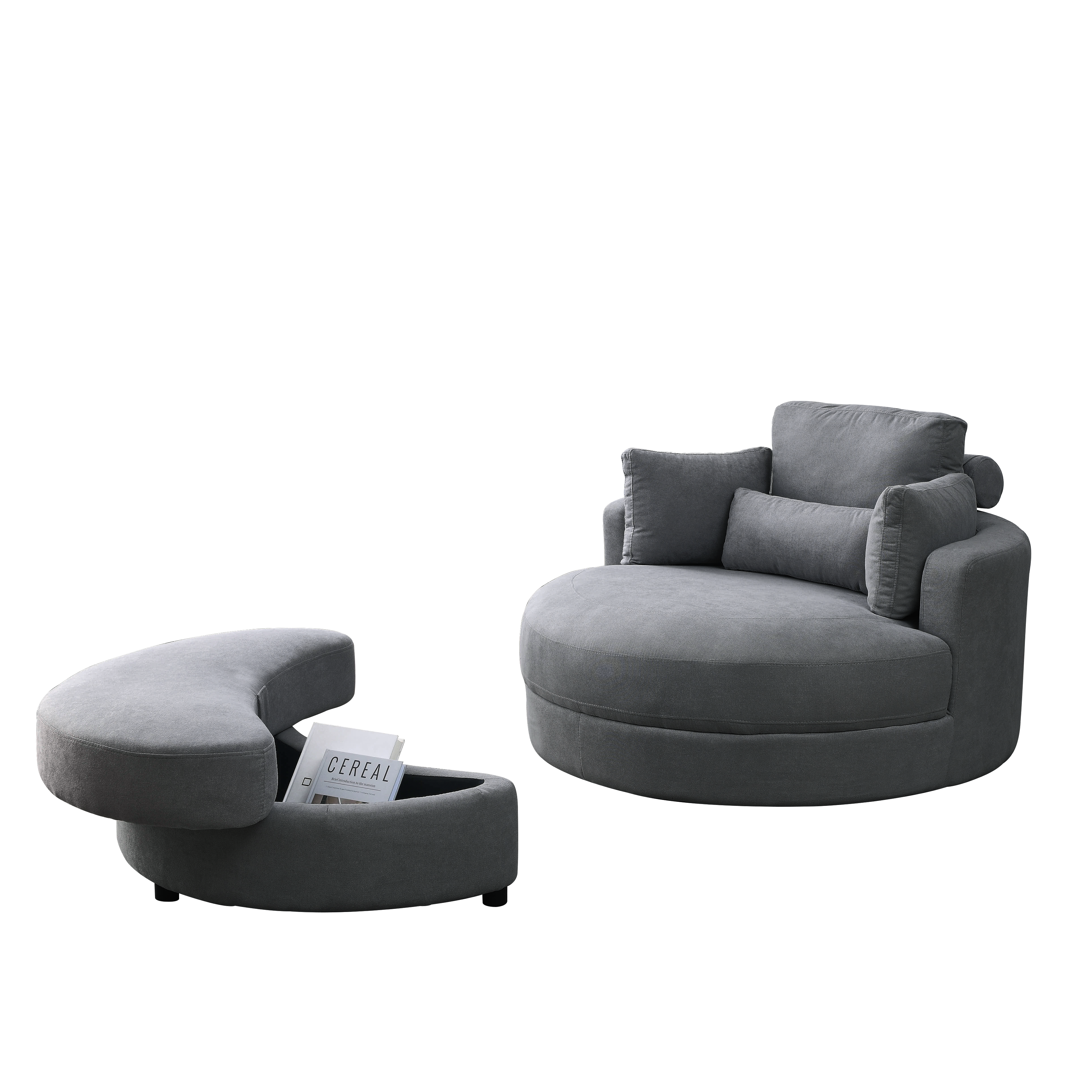 [Video] Welike Swivel Accent Barrel Modern Dark Grey Sofa Lounge Club Big Round Chair with Storage Ottoman Linen Fabric for Living Room Hotel with Pillows