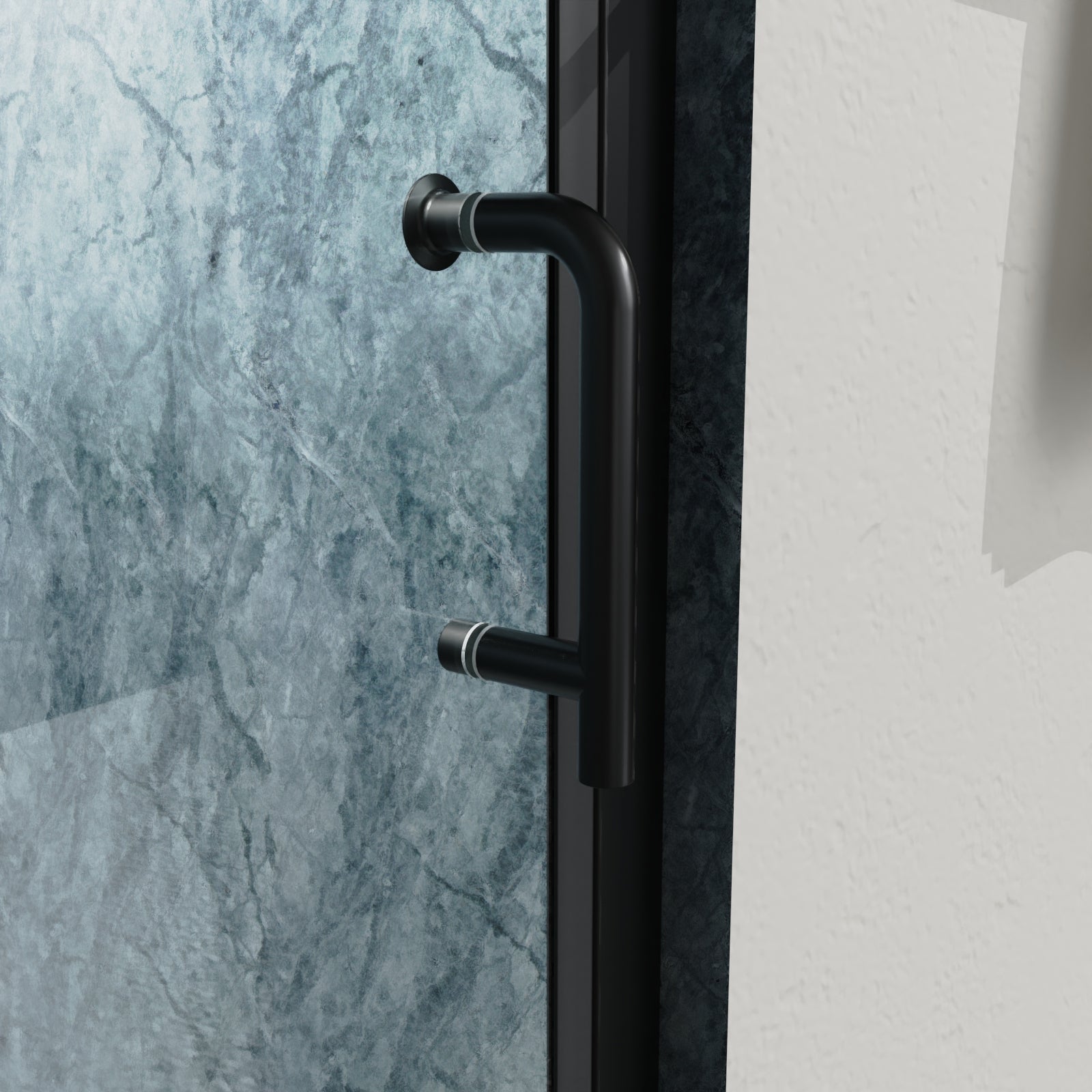 Bi-fold semi-frameless shower door angled view