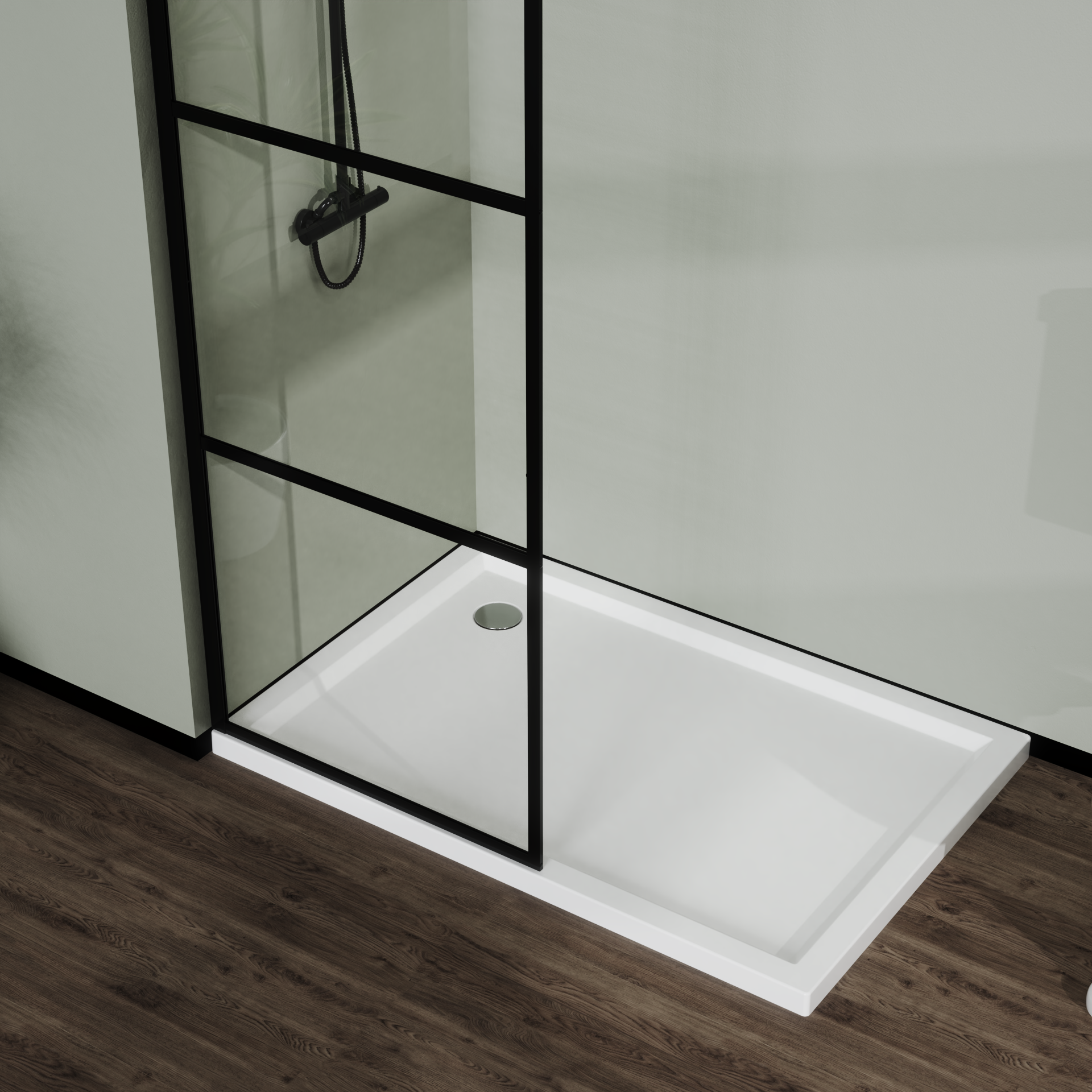 Clear 3-panel shower screen black frame detail
