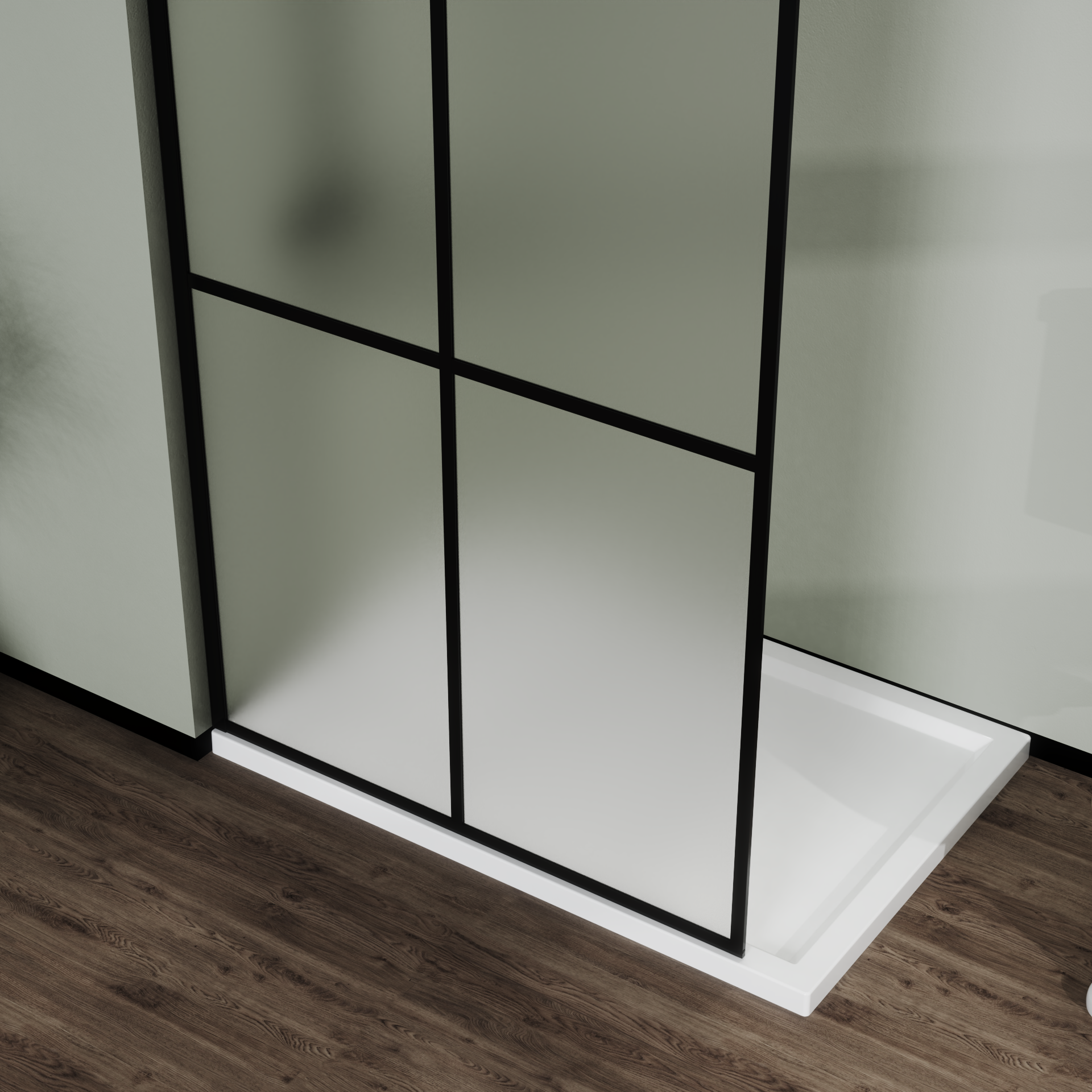 Frosted 4-panel shower screen black frame detail
