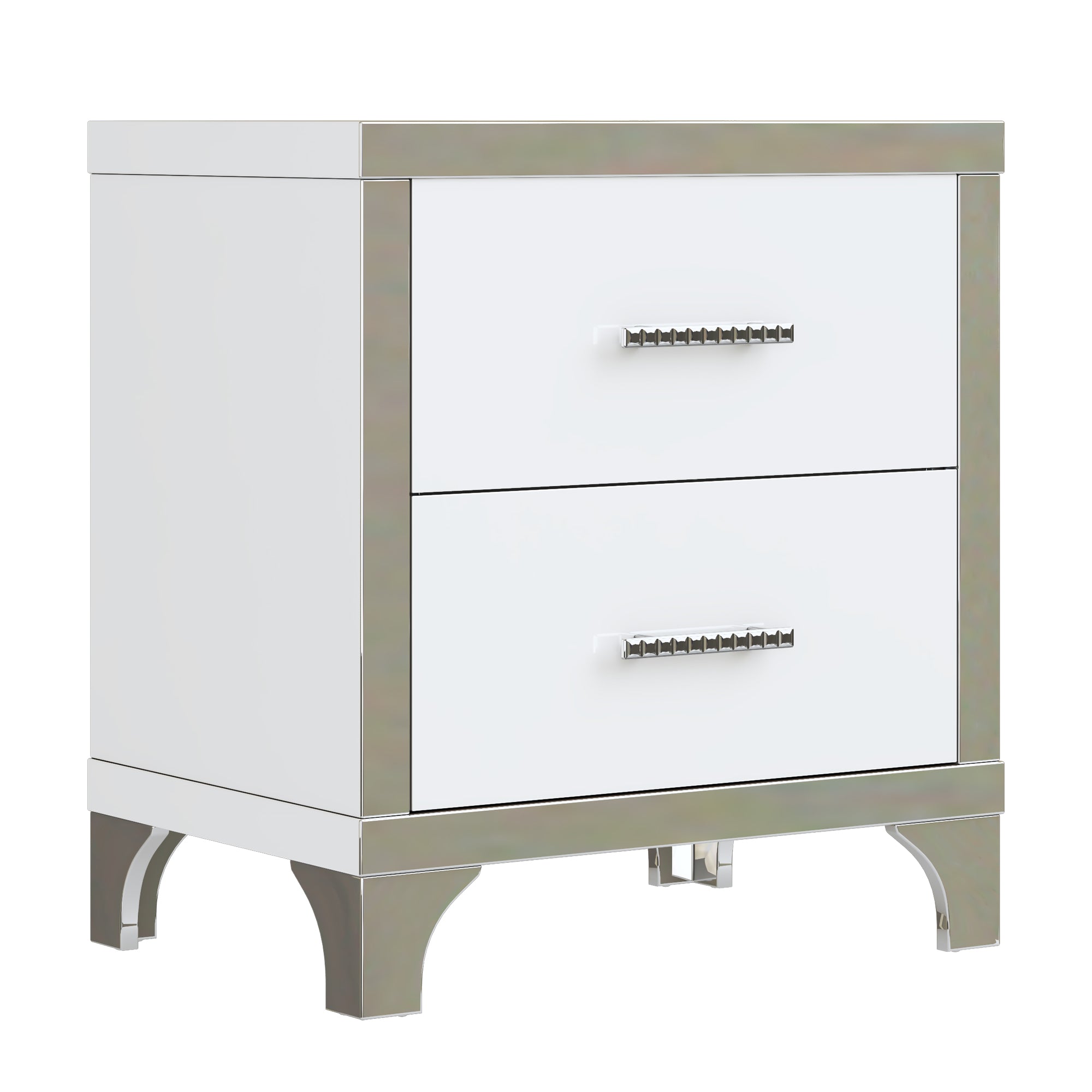 White high gloss mirrored nightstand styled in bedroom, side view