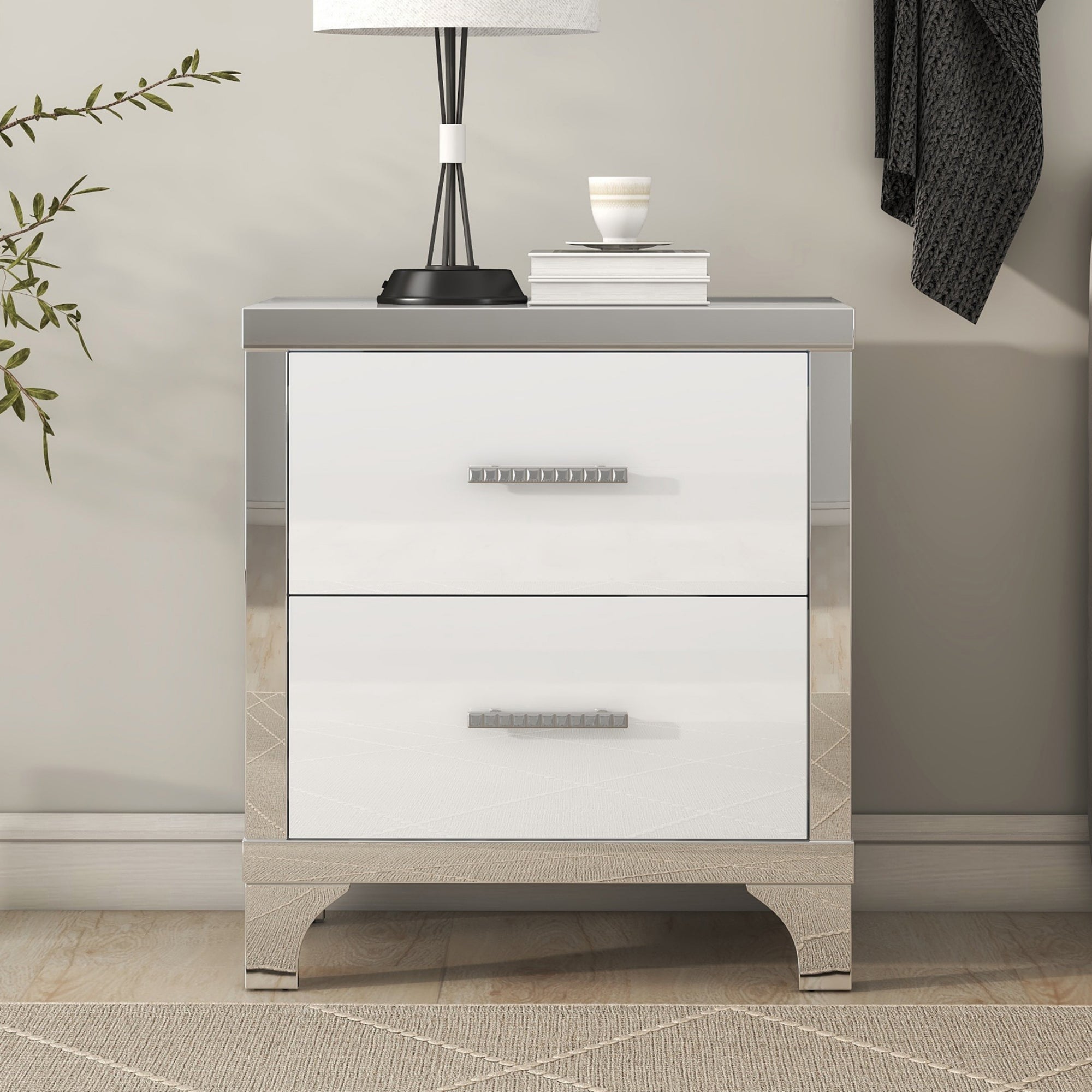 White mirrored bedside table 2 drawers, detail of metal handle