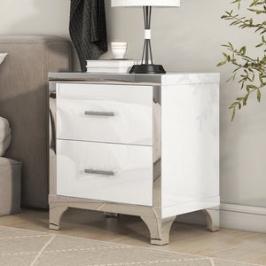 White high gloss mirrored nightstand with 2 drawers, front view