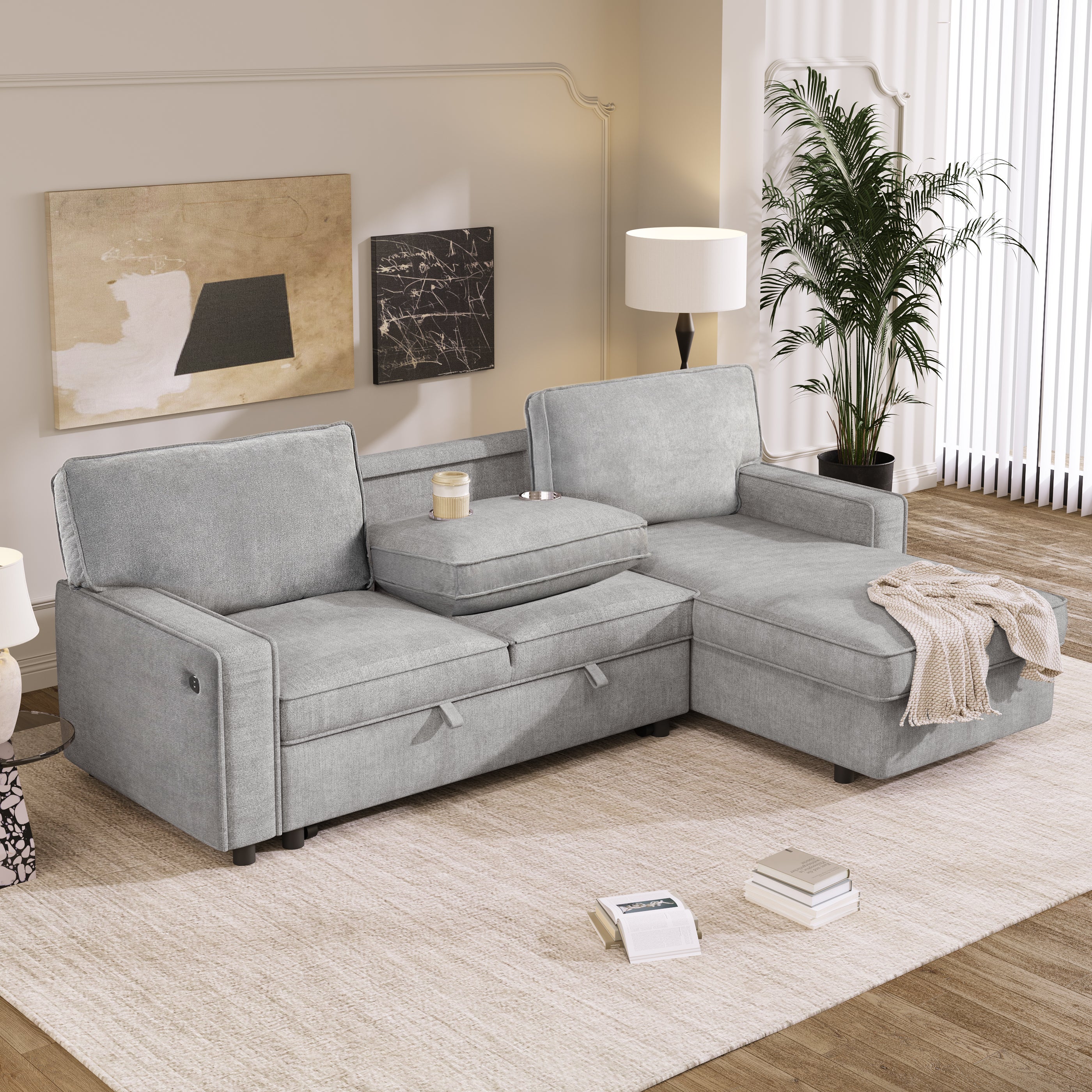 Upholstered sectional sofa with storage space, detail view
