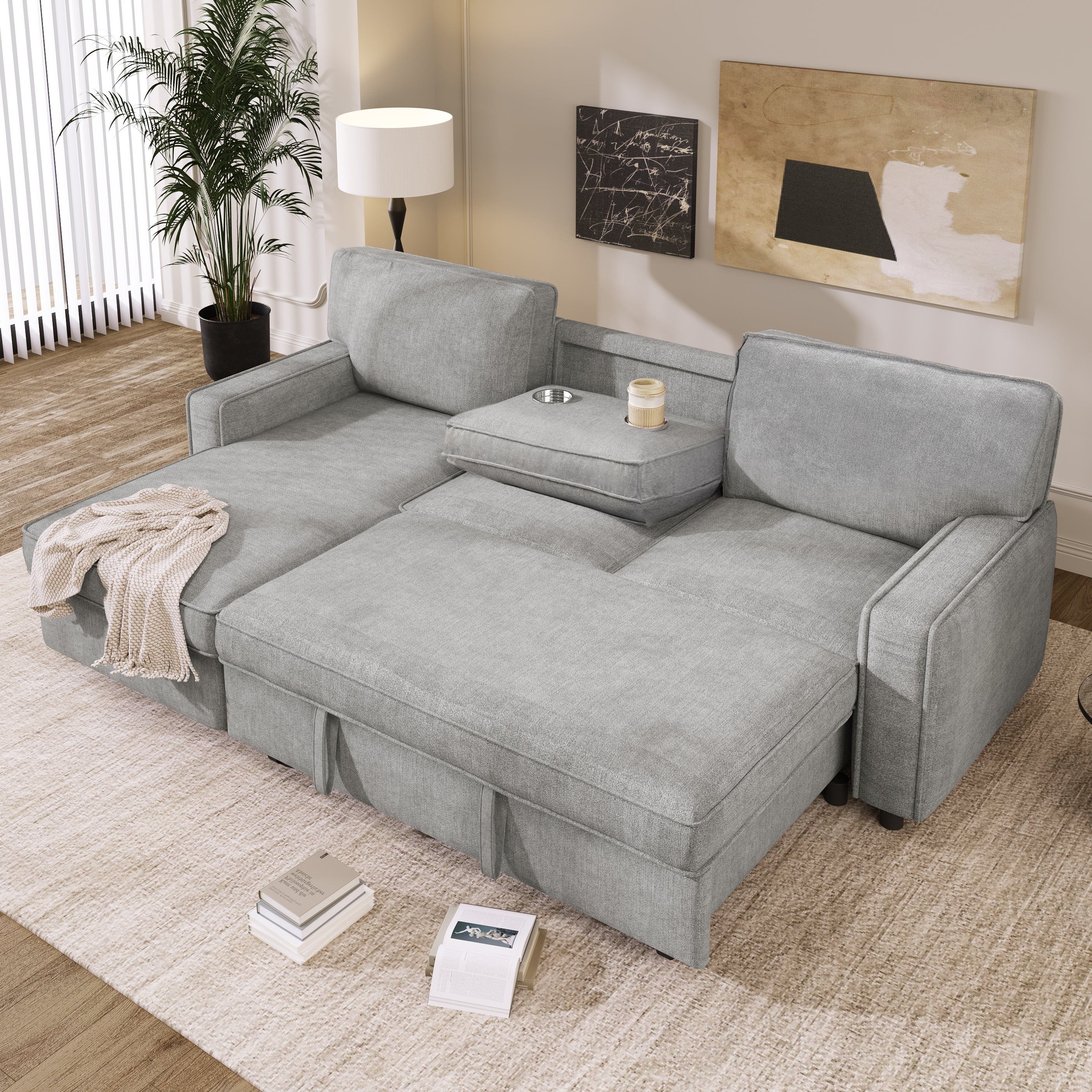 U-shaped upholstered sleeper sectional sofa, angled room view