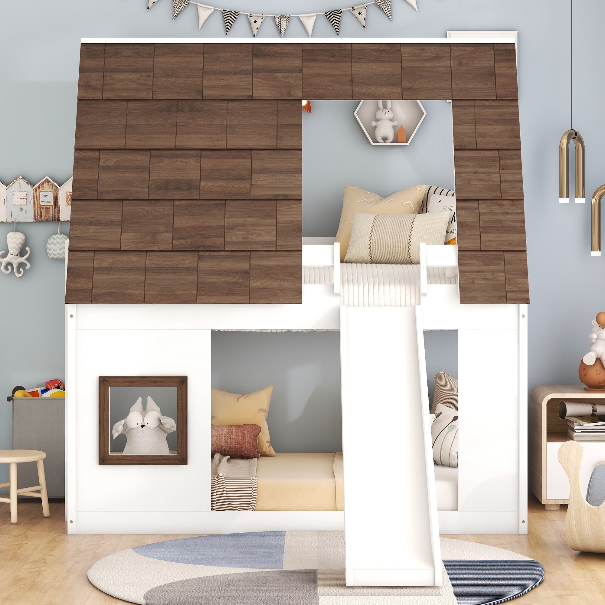 Twin house bunk bed side slide detail in white and brown