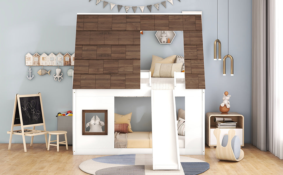 Twin wood bunk bed integrated ladder detail, white and brown finish