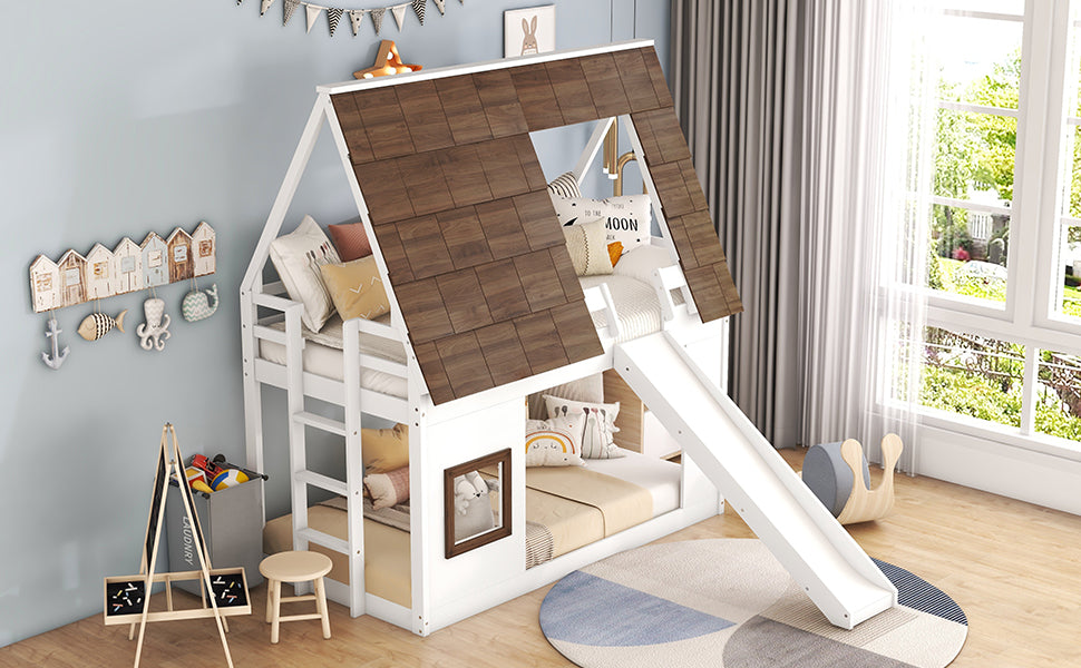 Twin wood house bunk bed with slide and ladder, room setting view