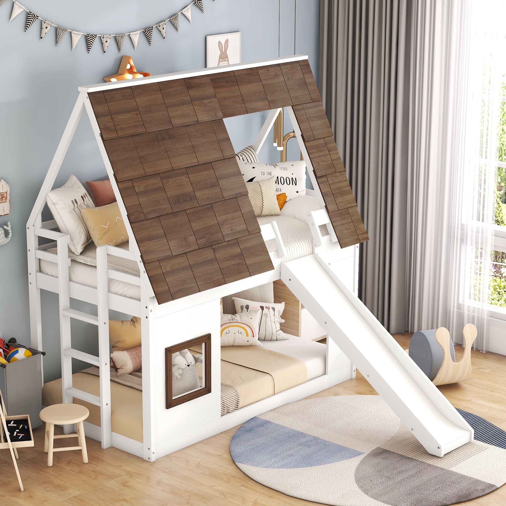 White and brown twin house bunk bed with roof frame, angled view