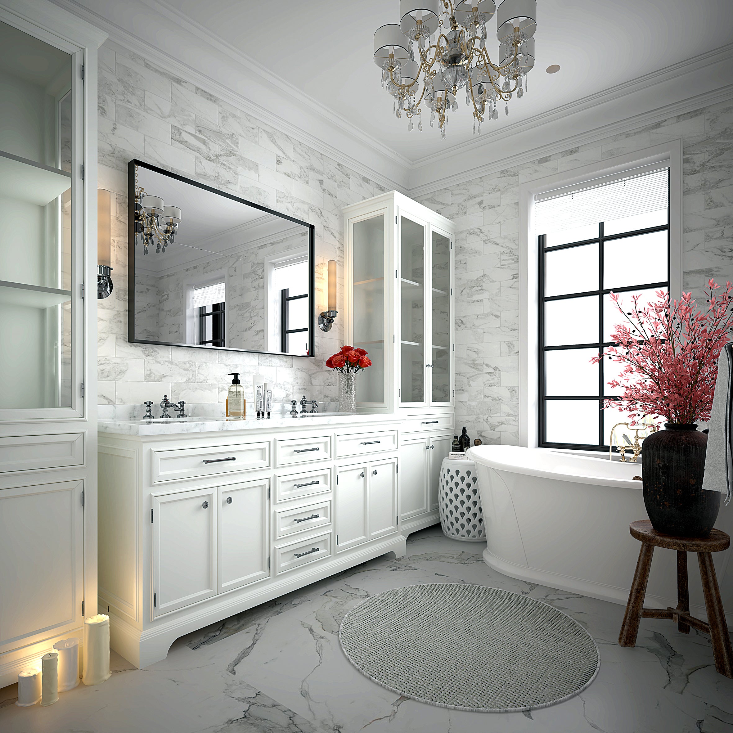 Glossy black rectangular farmhouse vanity mirror, angled detail view