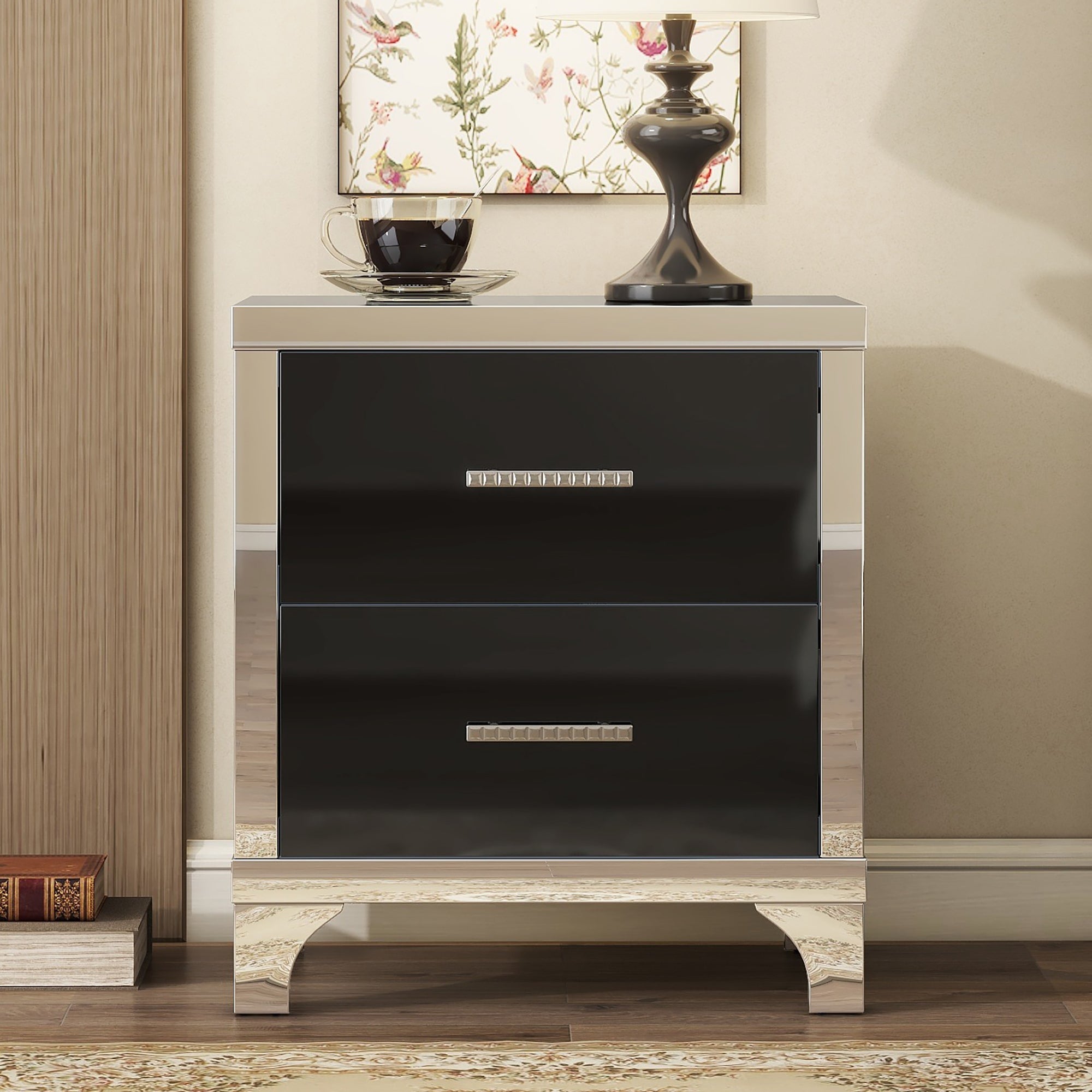 Mirrored black bedside table with drawers open, detail view