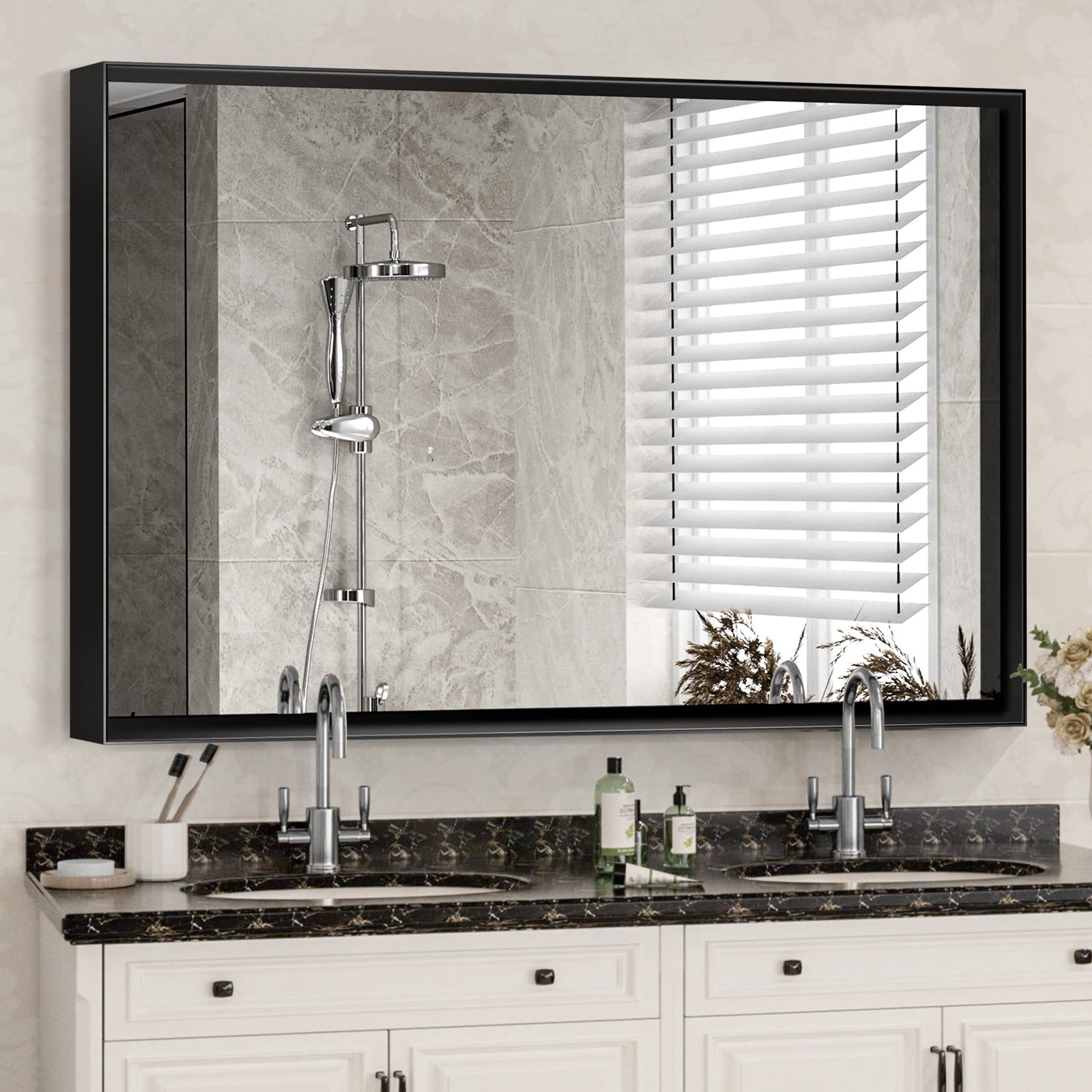 Glossy black metal framed rectangular bathroom mirror 36x30 in, front view