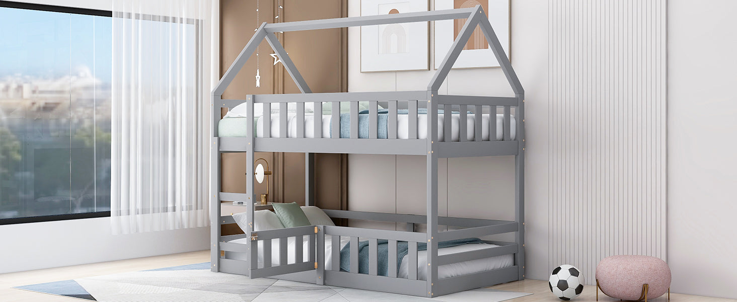 Twin over twin gray house bunk bed side profile view