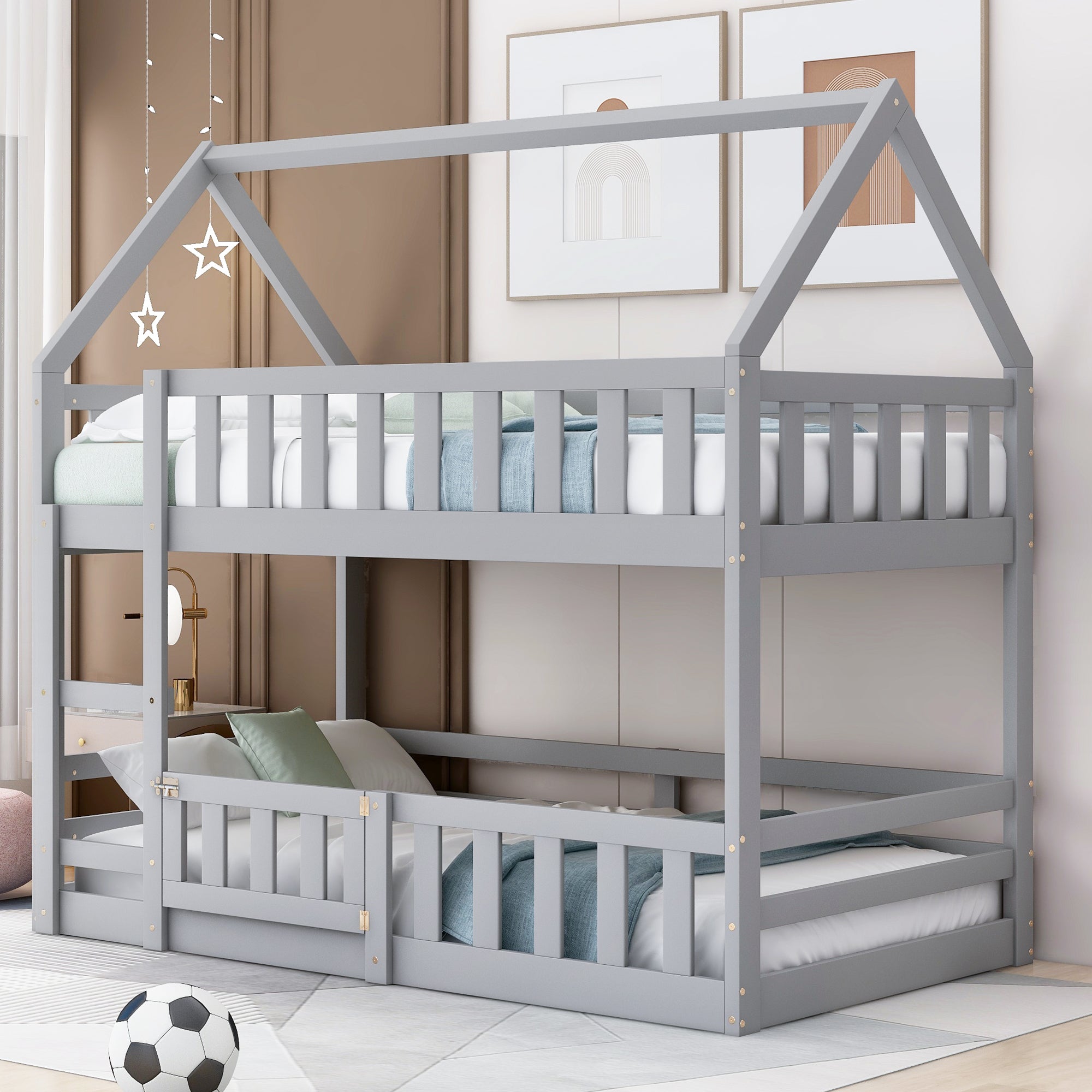 Twin over twin house bunk bed gray with fence front view