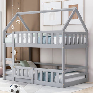 Twin over twin house bunk bed gray with fence front view