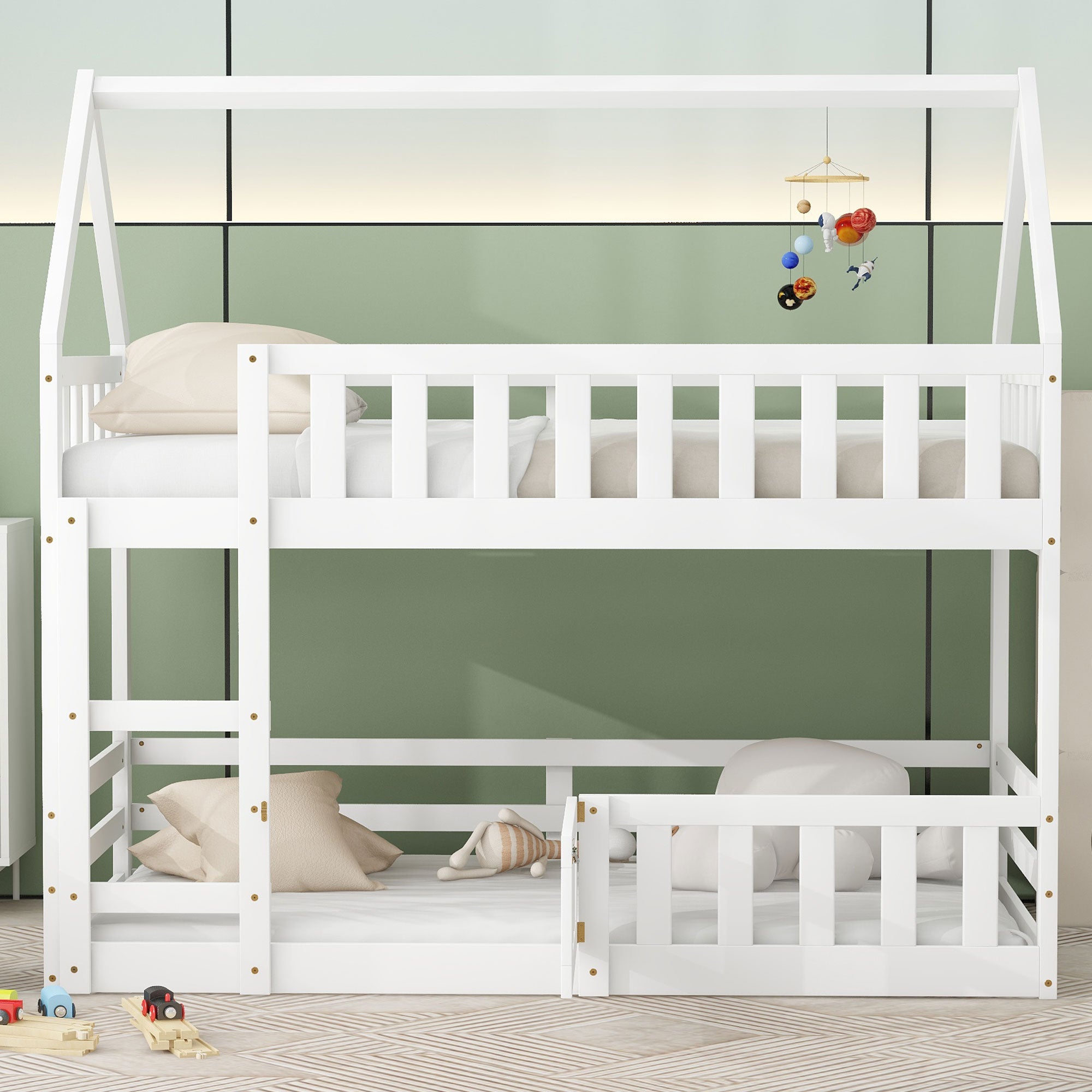 White twin over twin house bunk bed, side view with upper-bunk fence