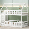 White twin over twin house bunk bed with guard fence and door, full front view