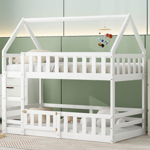 White twin over twin house bunk bed with guard fence and door, full front view