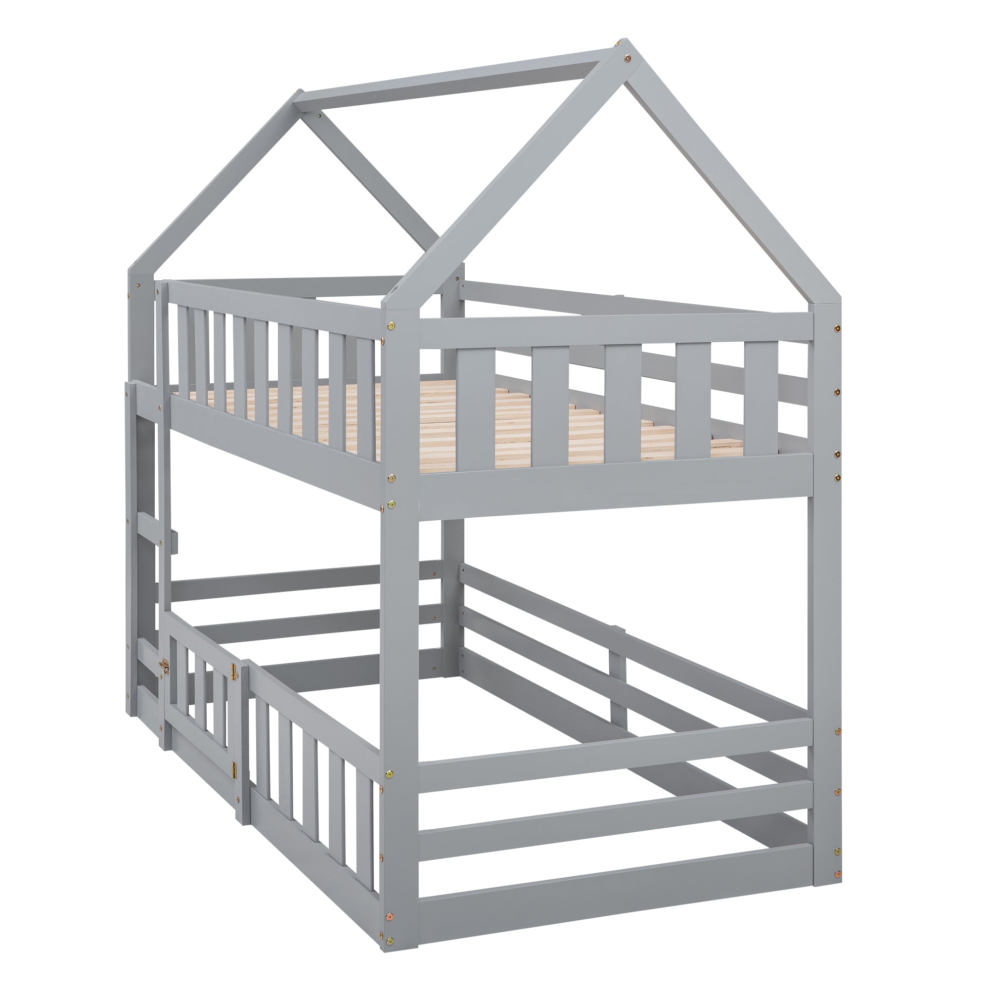 Gray house-frame twin bunk bed ladder and roof detail