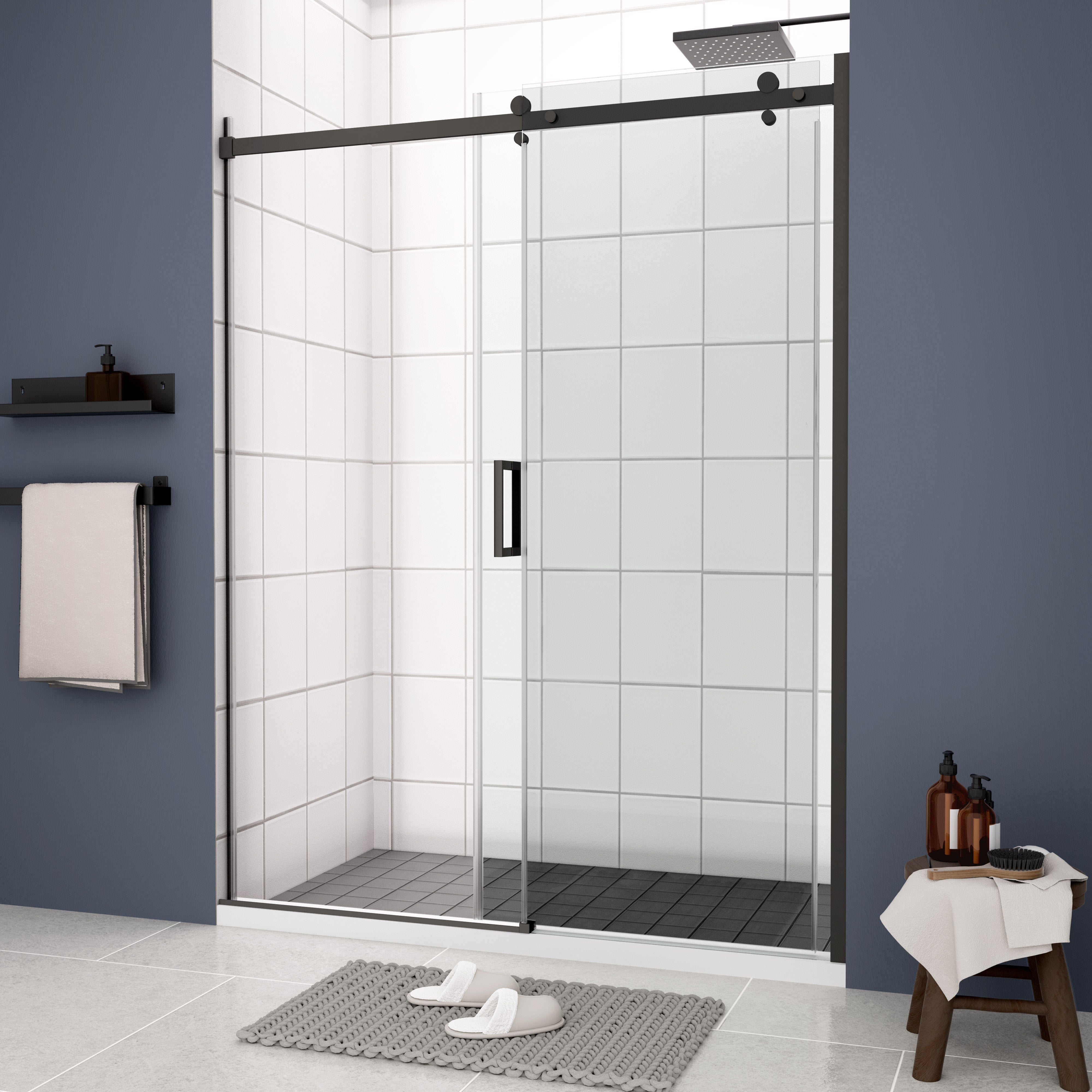 Bypass Sliding Glass Shower Door with Tempered Glass and Matte Black Finish