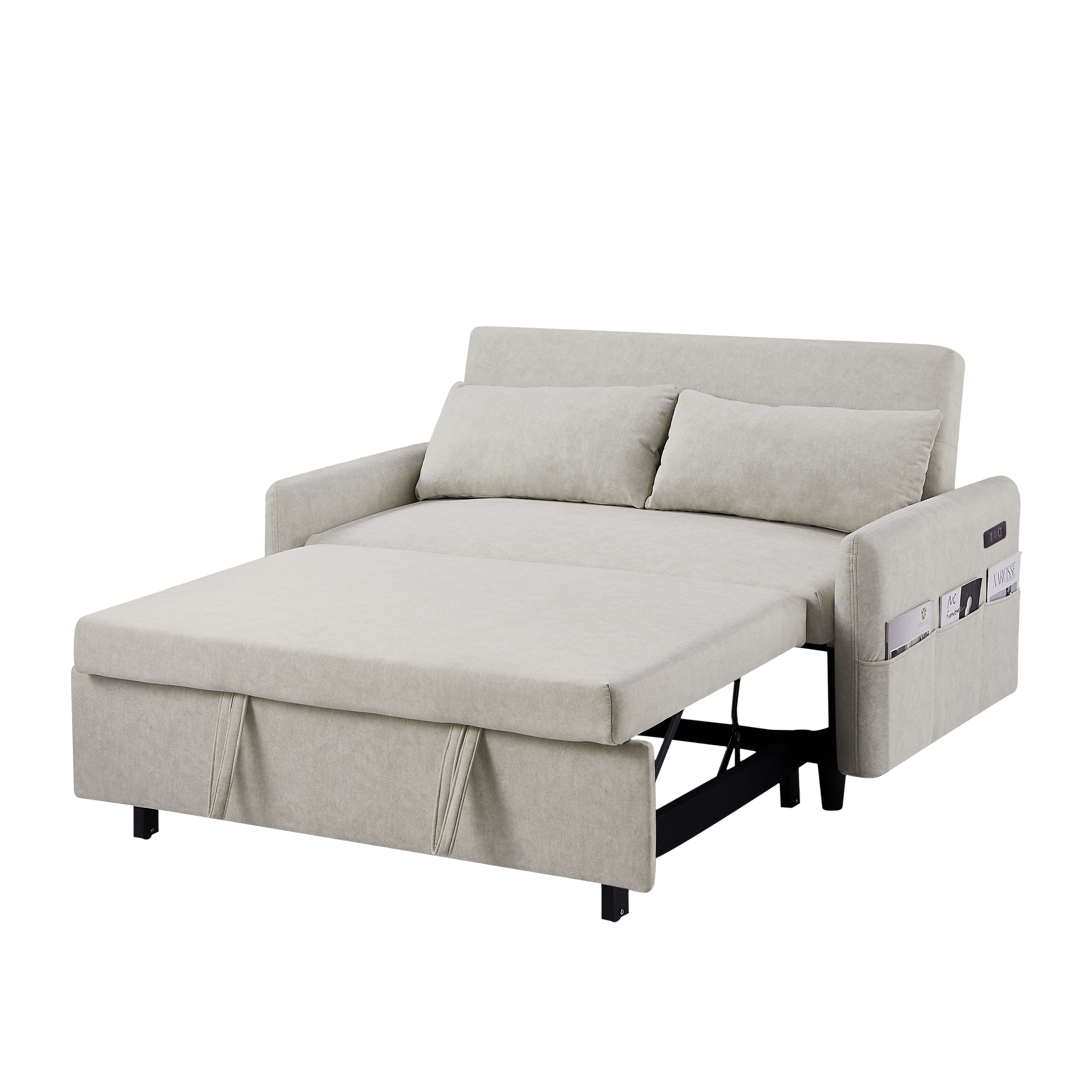 55.1" Pull Out Sleep Sofa Bed Loveseats Sofa Couch with Adjsutable Backrest, Storage Pockets, 2 Soft Pillows, USB Ports for Living Room, Bedroom, Apartment, Office, Beige (Old SKU WF307821AAA)