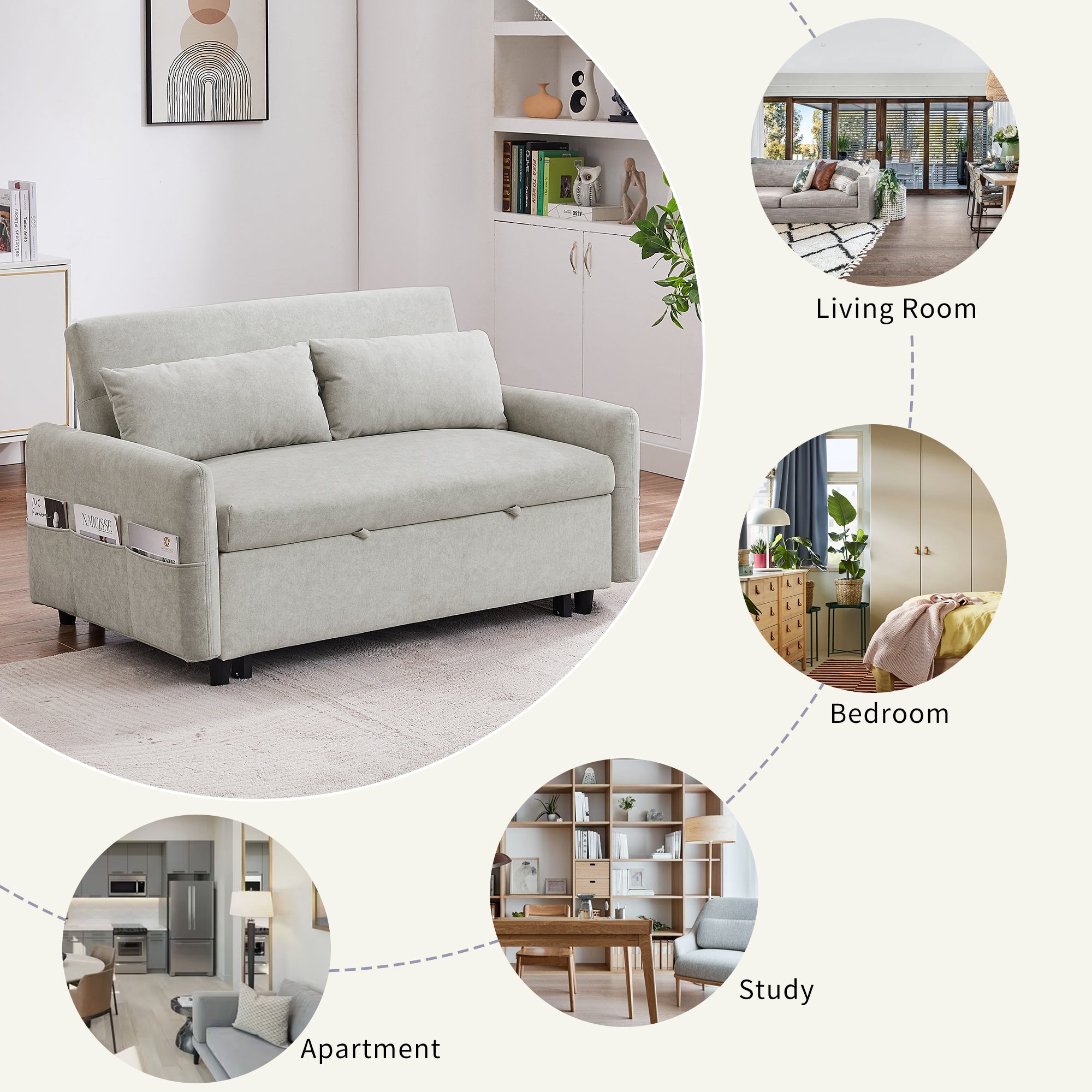 55.1" Pull Out Sleep Sofa Bed Loveseats Sofa Couch with Adjsutable Backrest, Storage Pockets, 2 Soft Pillows, USB Ports for Living Room, Bedroom, Apartment, Office, Beige (Old SKU WF307821AAA)