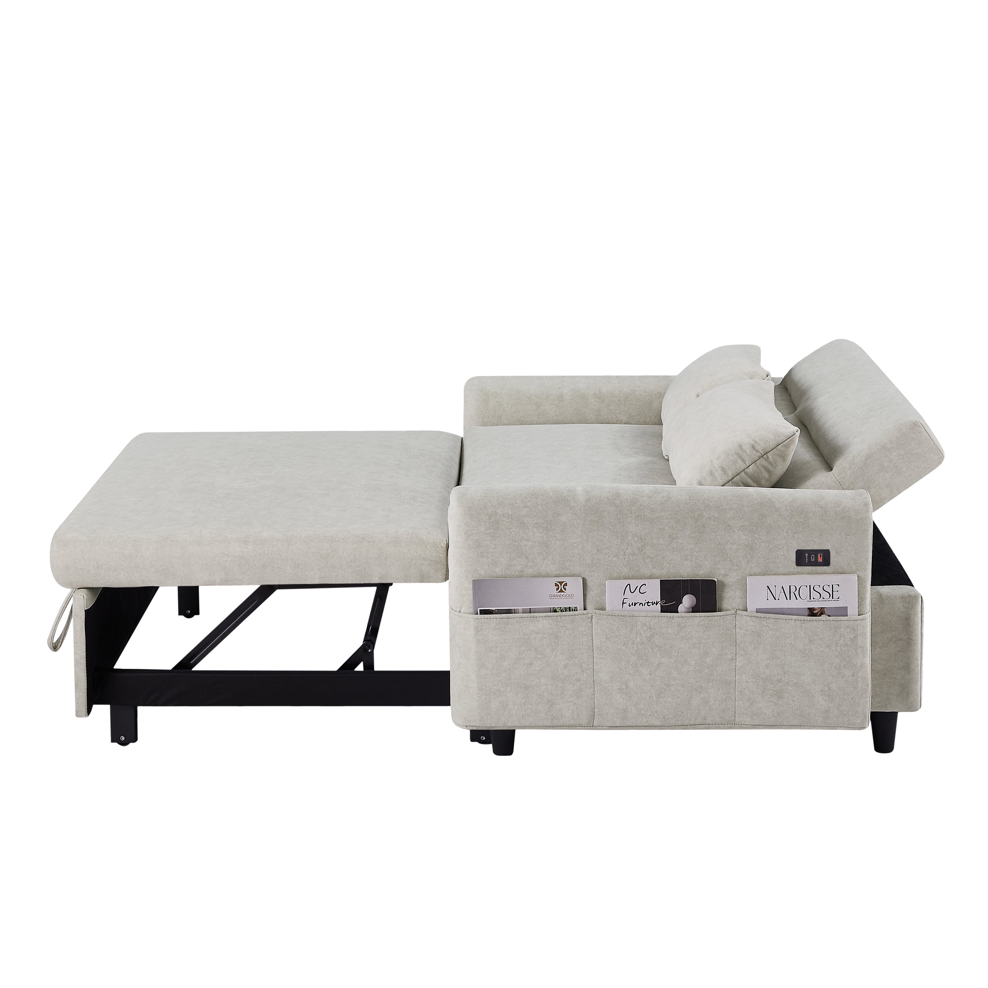 55.1" Pull Out Sleep Sofa Bed Loveseats Sofa Couch with Adjsutable Backrest, Storage Pockets, 2 Soft Pillows, USB Ports for Living Room, Bedroom, Apartment, Office, Beige (Old SKU WF307821AAA)