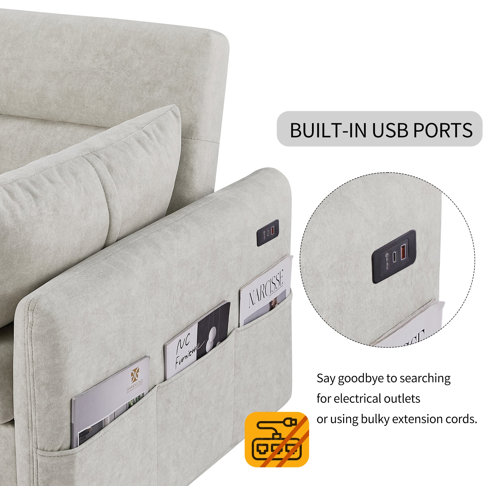 55.1" Pull Out Sleep Sofa Bed Loveseats Sofa Couch with Adjsutable Backrest, Storage Pockets, 2 Soft Pillows, USB Ports for Living Room, Bedroom, Apartment, Office, Beige (Old SKU WF307821AAA)