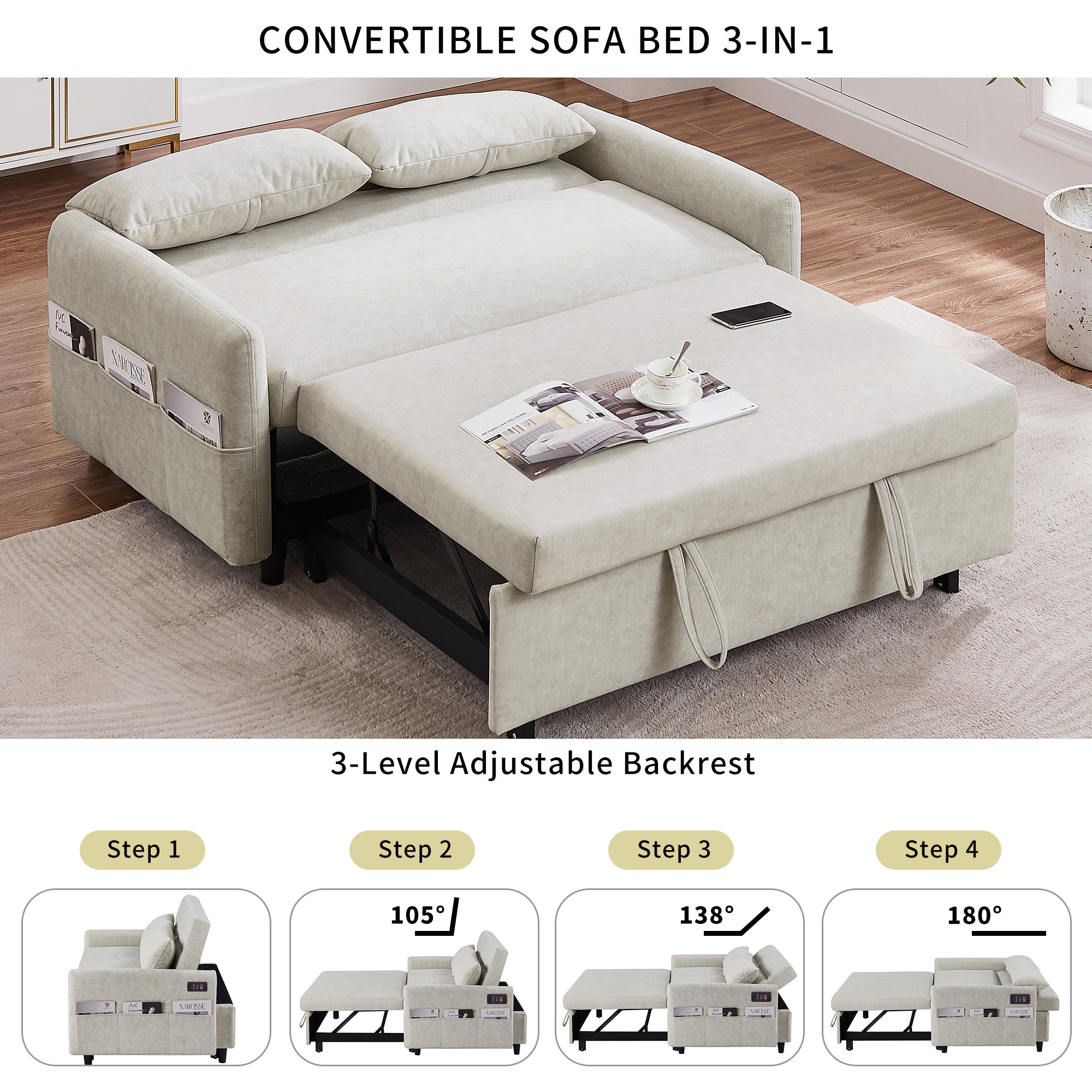 55.1" Pull Out Sleep Sofa Bed Loveseats Sofa Couch with Adjsutable Backrest, Storage Pockets, 2 Soft Pillows, USB Ports for Living Room, Bedroom, Apartment, Office, Beige (Old SKU WF307821AAA)