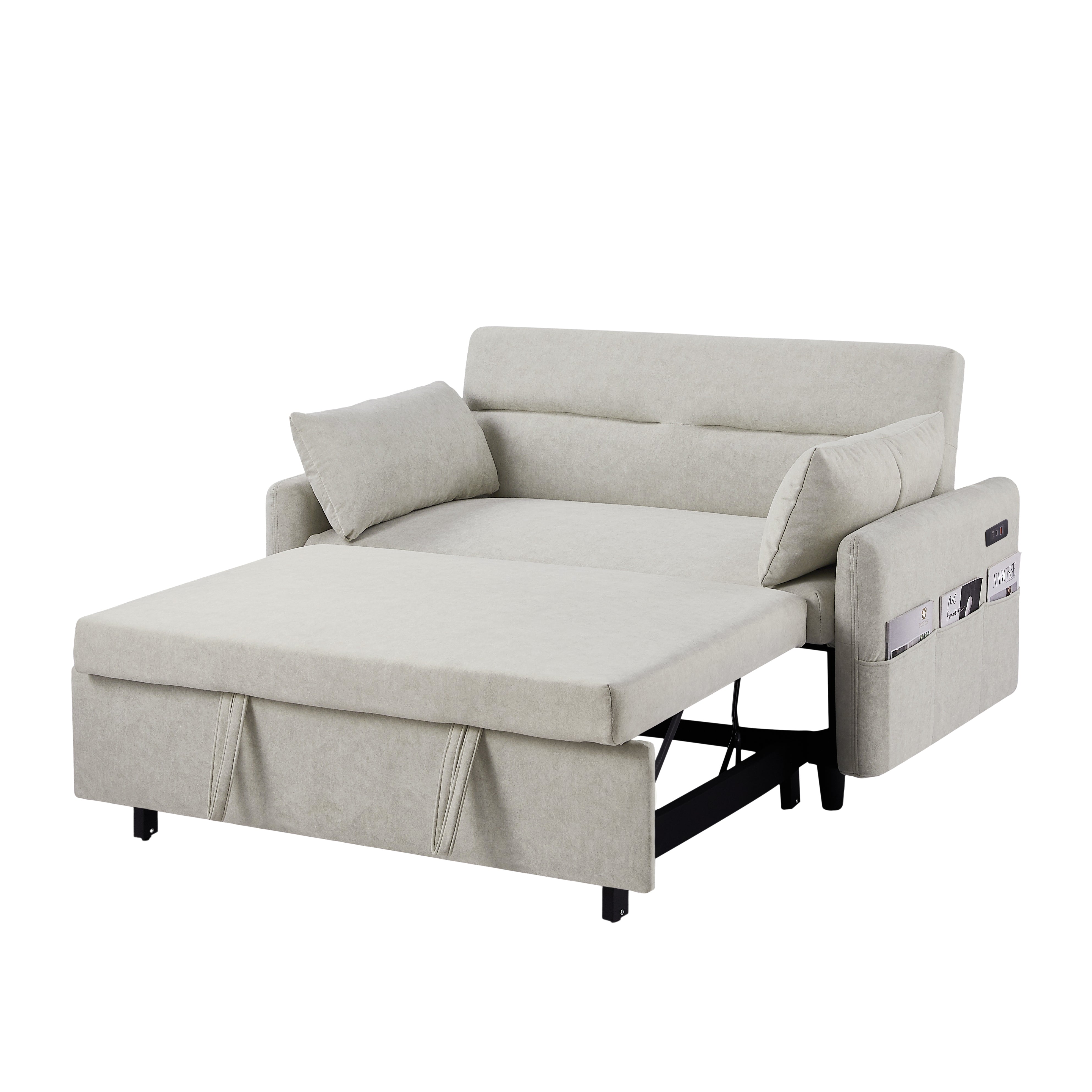 55.1" Pull Out Sleep Sofa Bed Loveseats Sofa Couch with Adjsutable Backrest, Storage Pockets, 2 Soft Pillows, USB Ports for Living Room, Bedroom, Apartment, Office, Beige (Old SKU WF307821AAA)