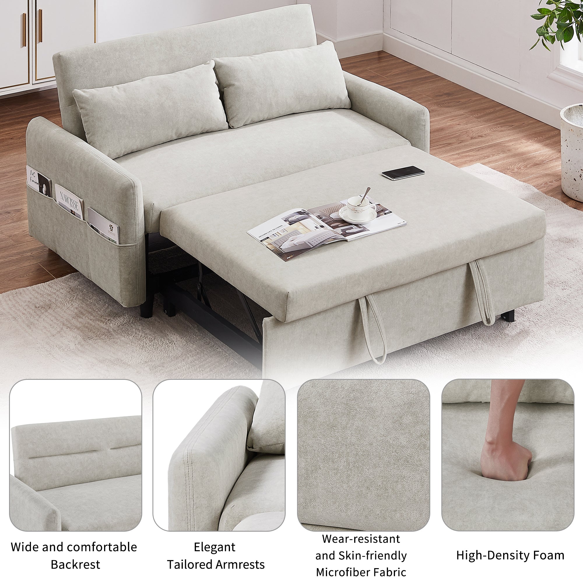 55.1" Pull Out Sleep Sofa Bed Loveseats Sofa Couch with Adjsutable Backrest, Storage Pockets, 2 Soft Pillows, USB Ports for Living Room, Bedroom, Apartment, Office, Beige (Old SKU WF307821AAA)