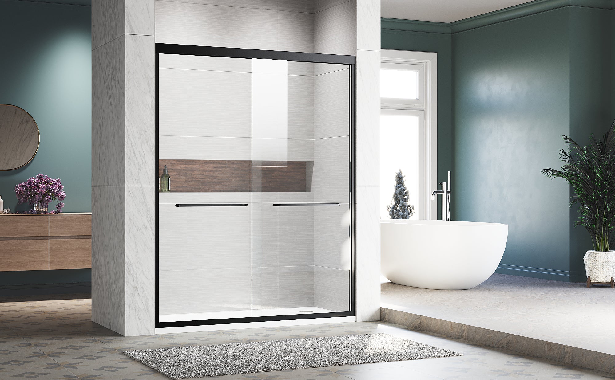 Semi-frameless sliding shower door installed view
