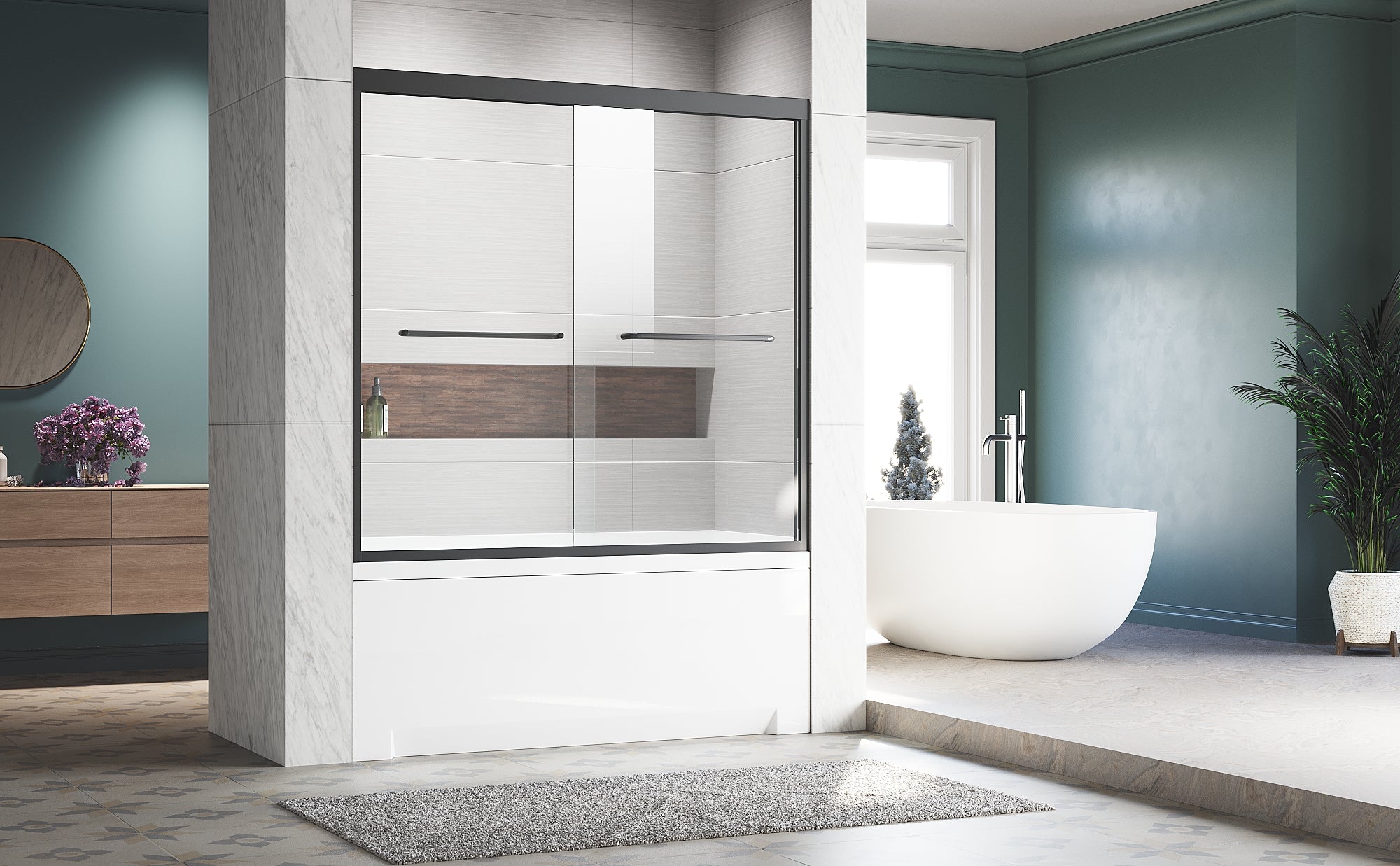 56-60 x 57 in semi-frameless tub door in matte black