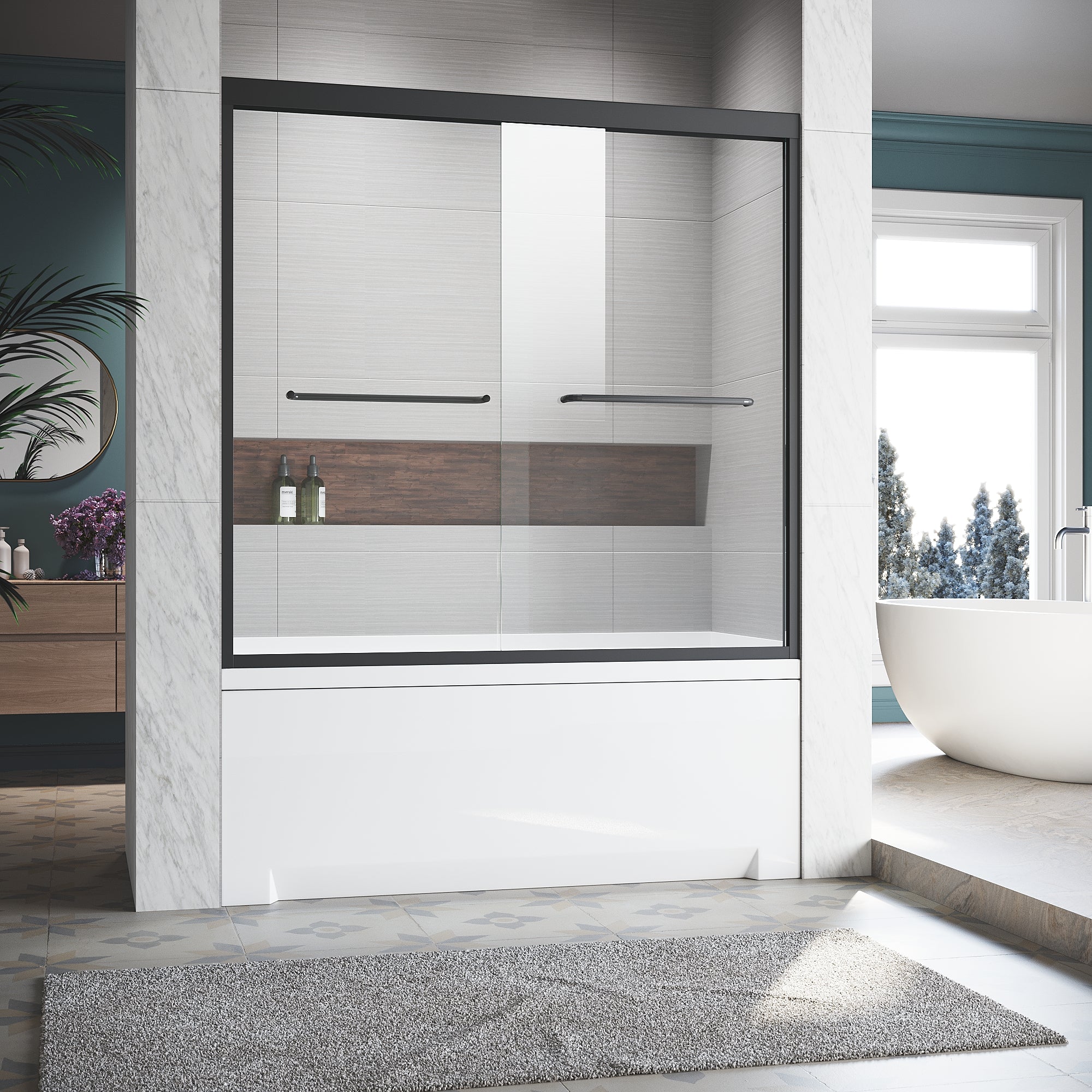 Semi-frameless sliding tub door installed over bathtub