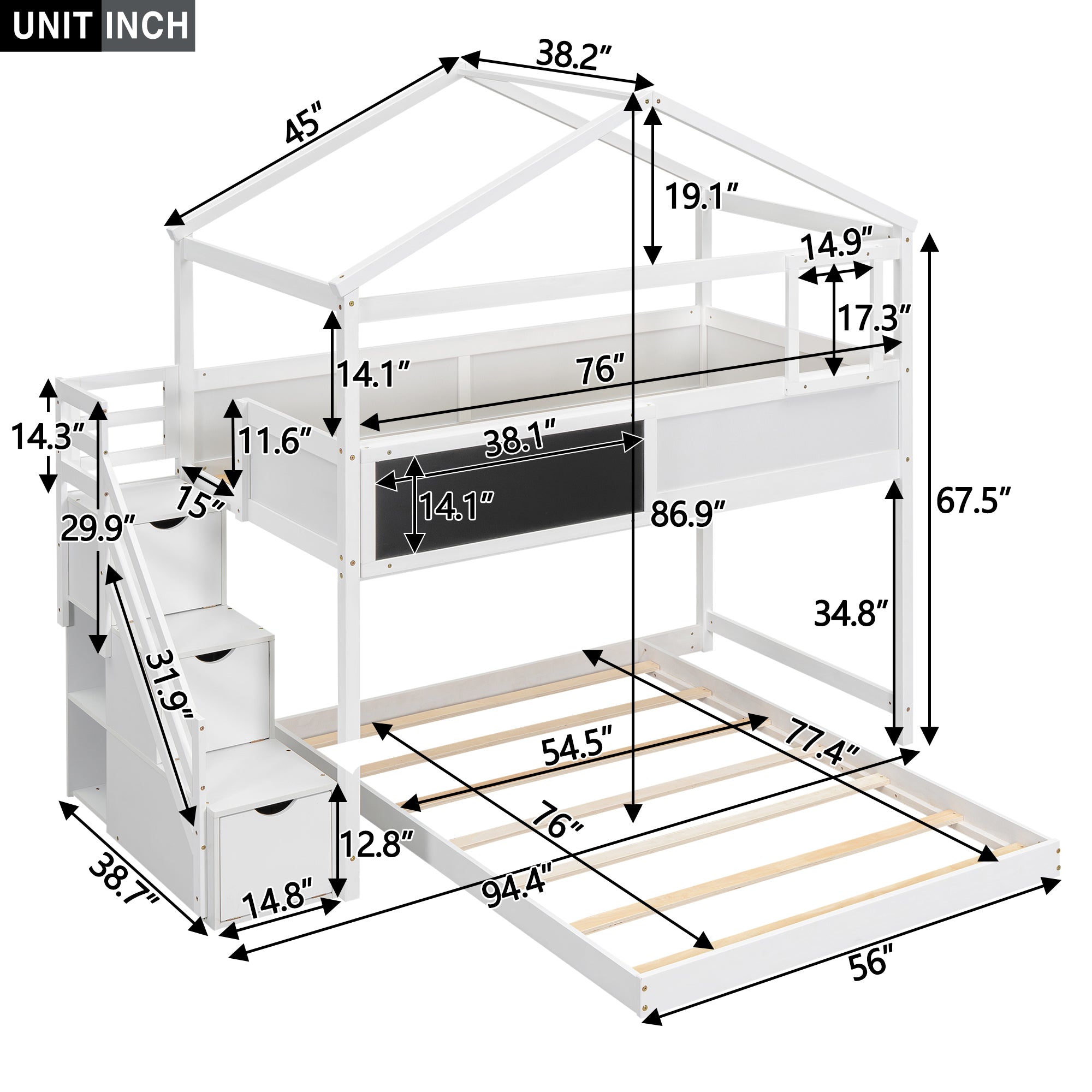 White twin over full house bunk bed with storage stairs full room view