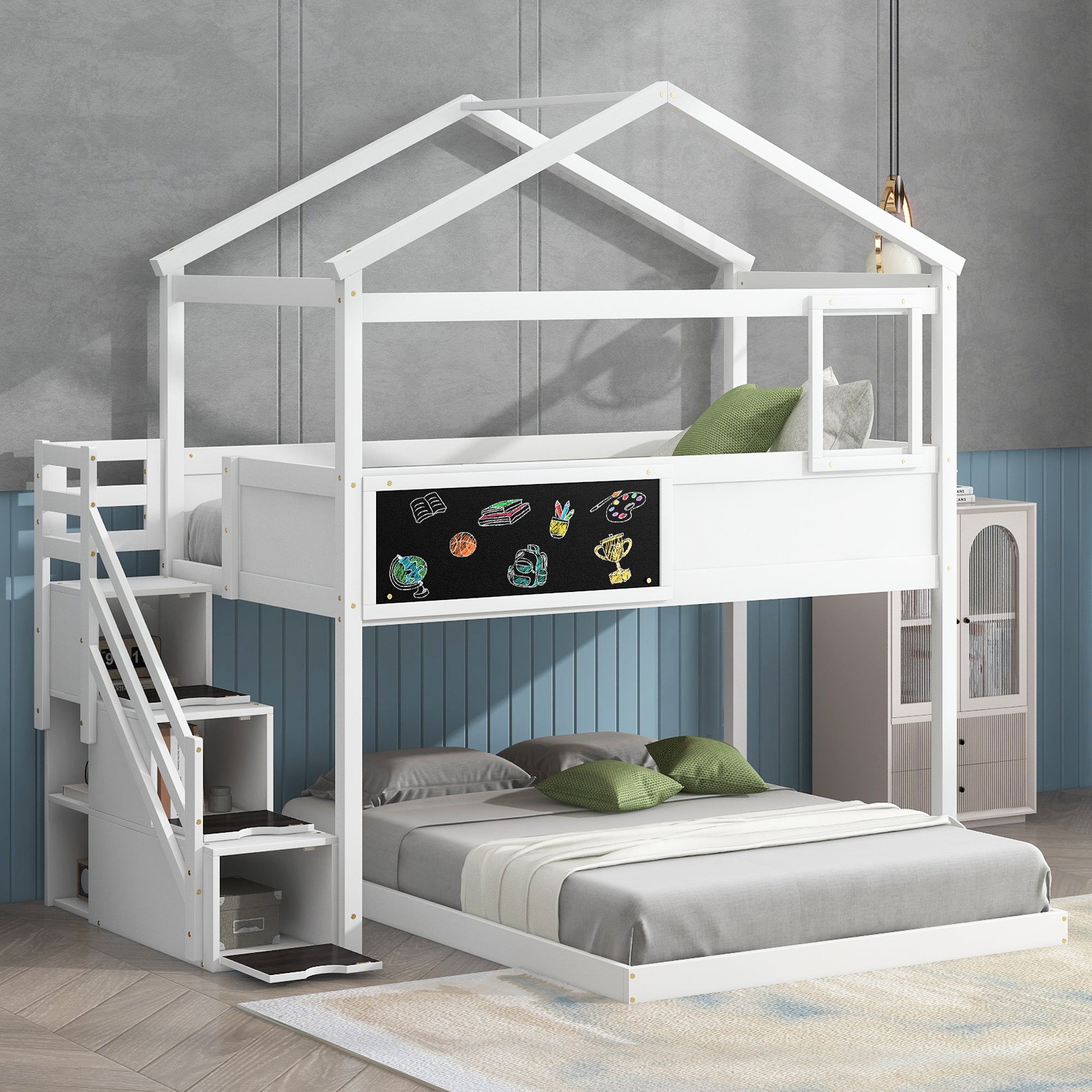 White house-frame twin over full bunk bed with blackboard, angled view