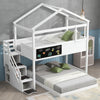 White twin over full house bunk bed with storage staircase, front view