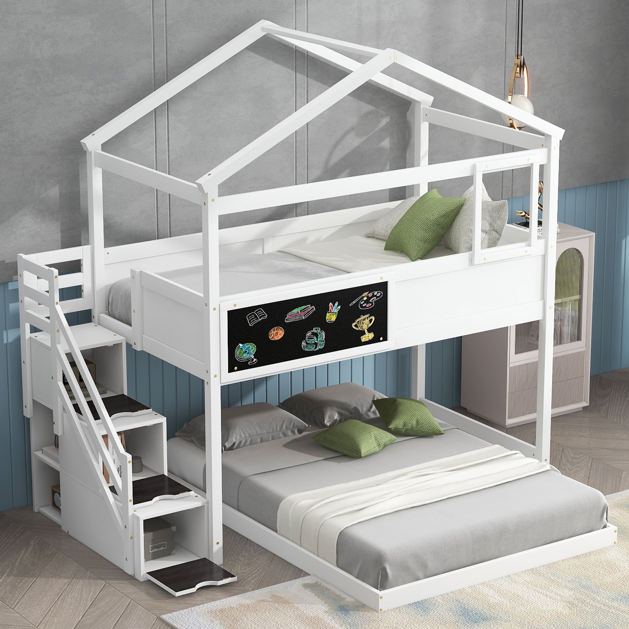 White twin over full house bunk bed with storage staircase, front view