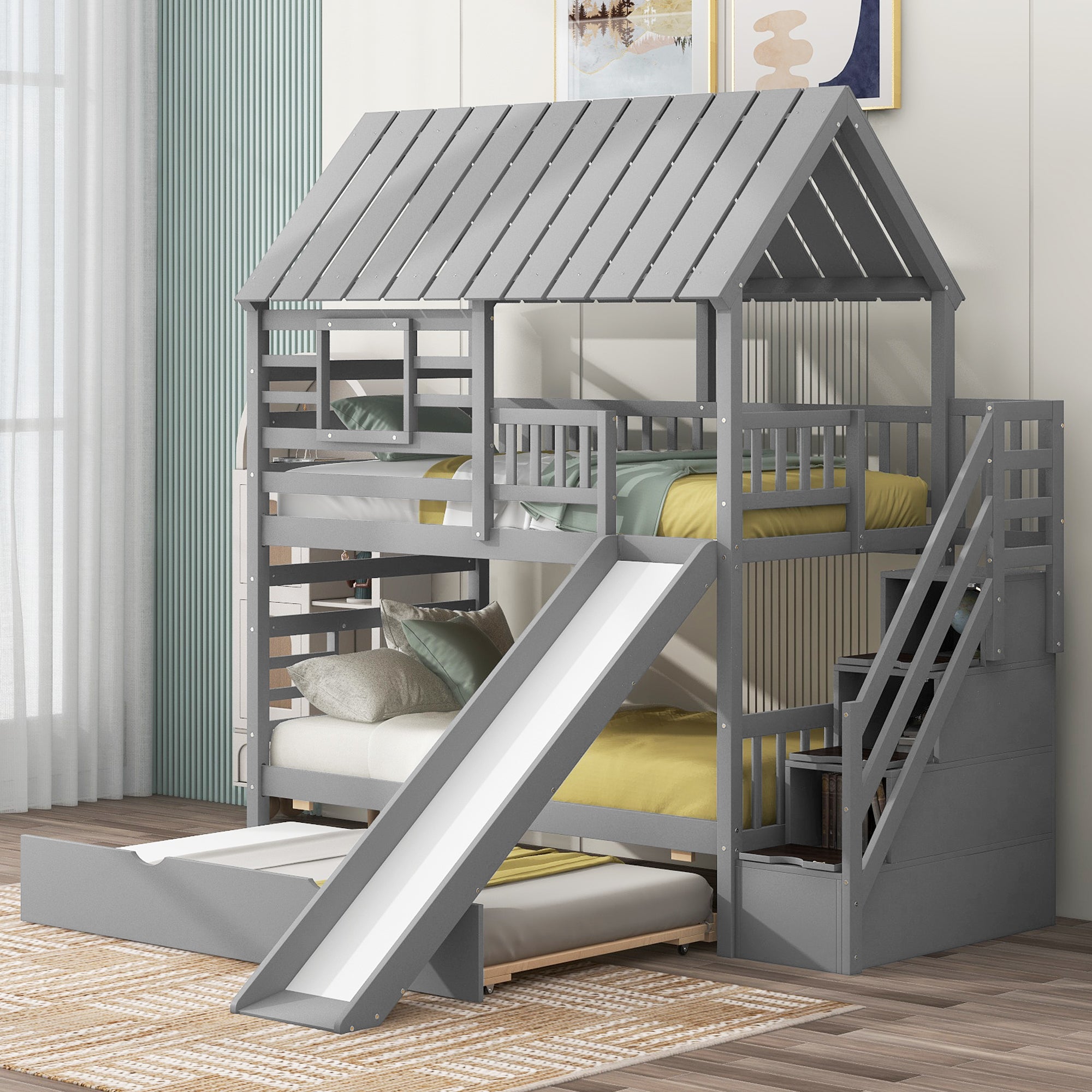 Gray twin house bunk bed with slide, trundle and storage stairs