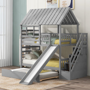 Gray twin house bunk bed with slide, trundle and storage stairs