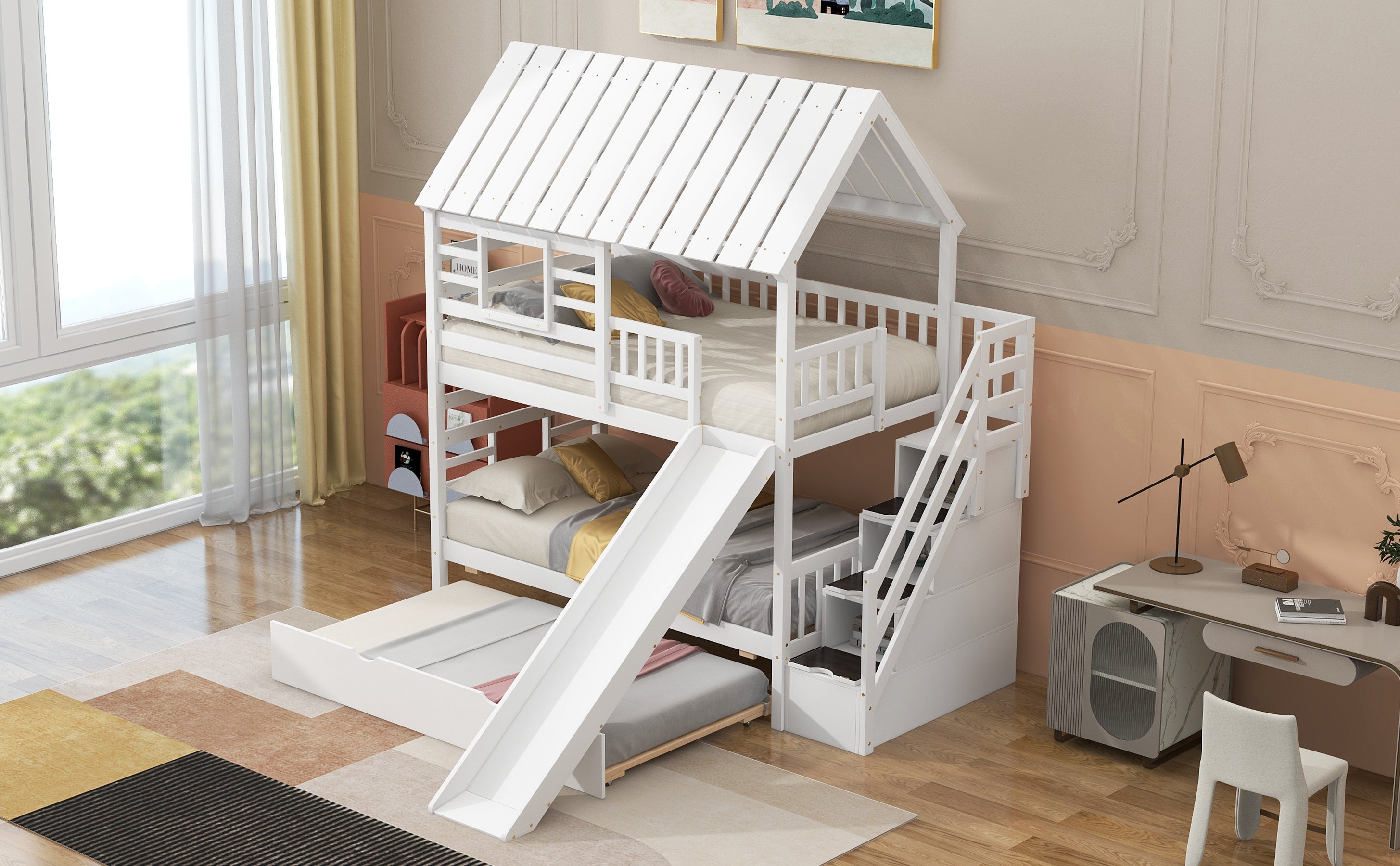White twin over twin house bunk bed with pull-out trundle extended