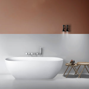 68.9 inch freestanding solid surface soaking bathtub, white, front angled view