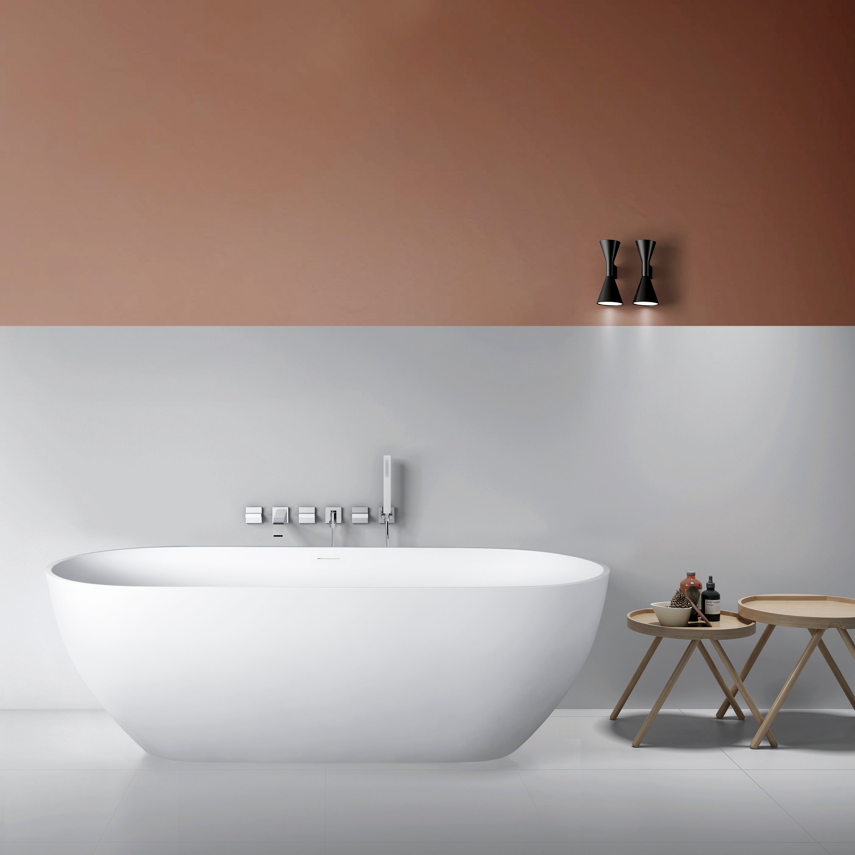 68.9 inch freestanding solid surface soaking bathtub, white, front angled view
