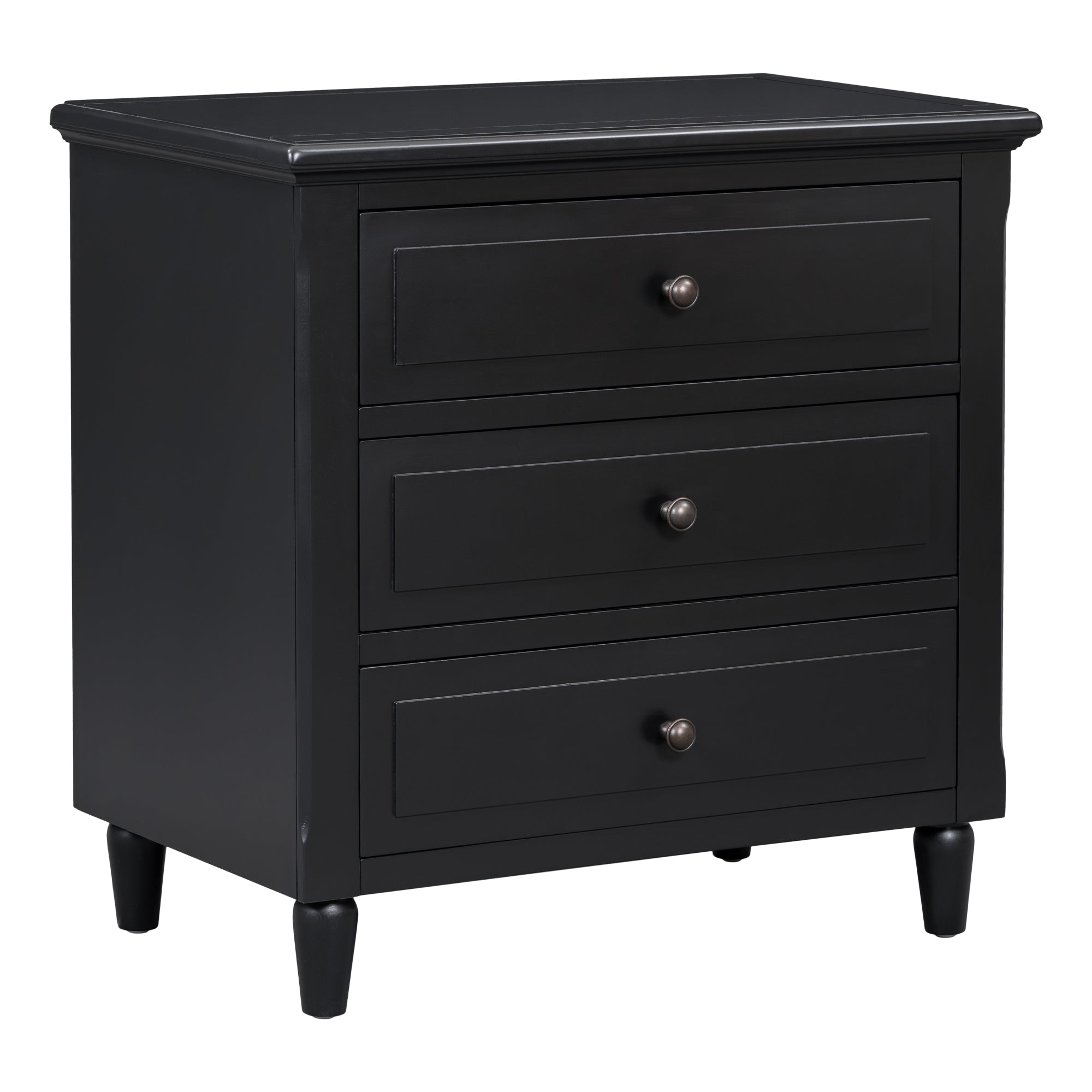 Painted bedside cabinet with three drawers open, storage detail