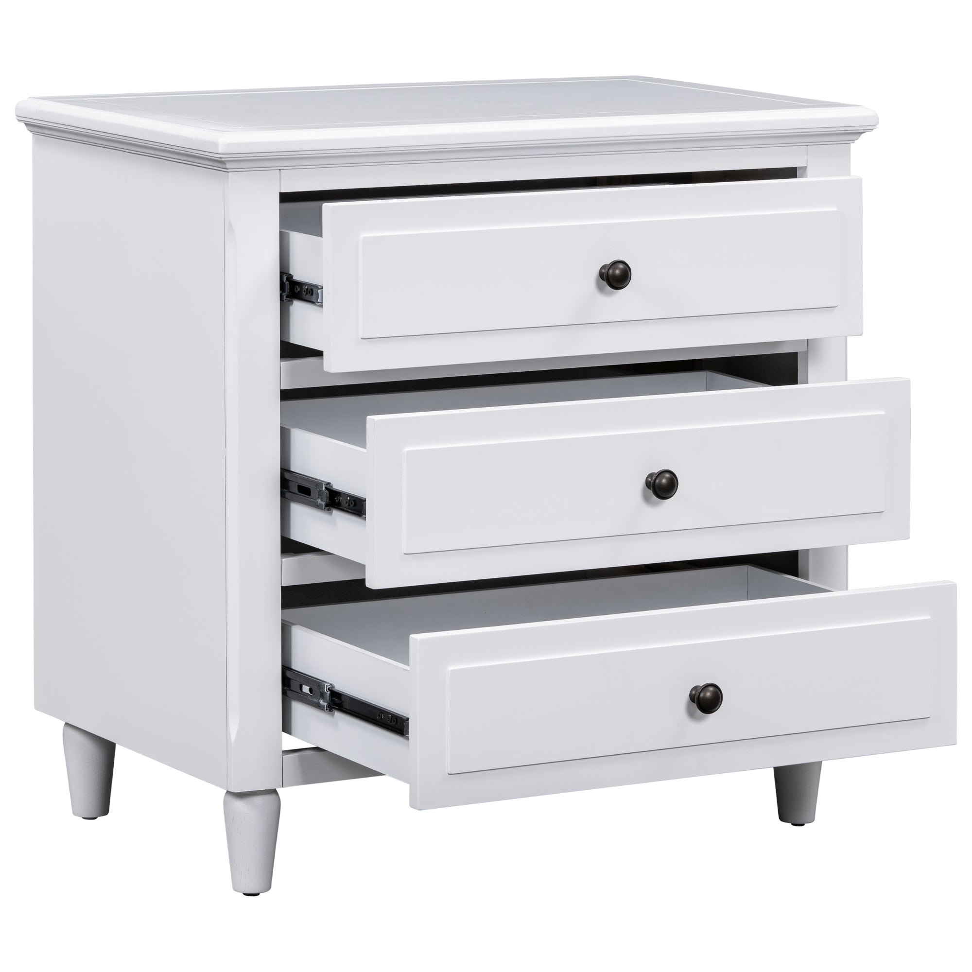 Painted 3-drawer bedside cabinet styled beside bed, lifestyle view