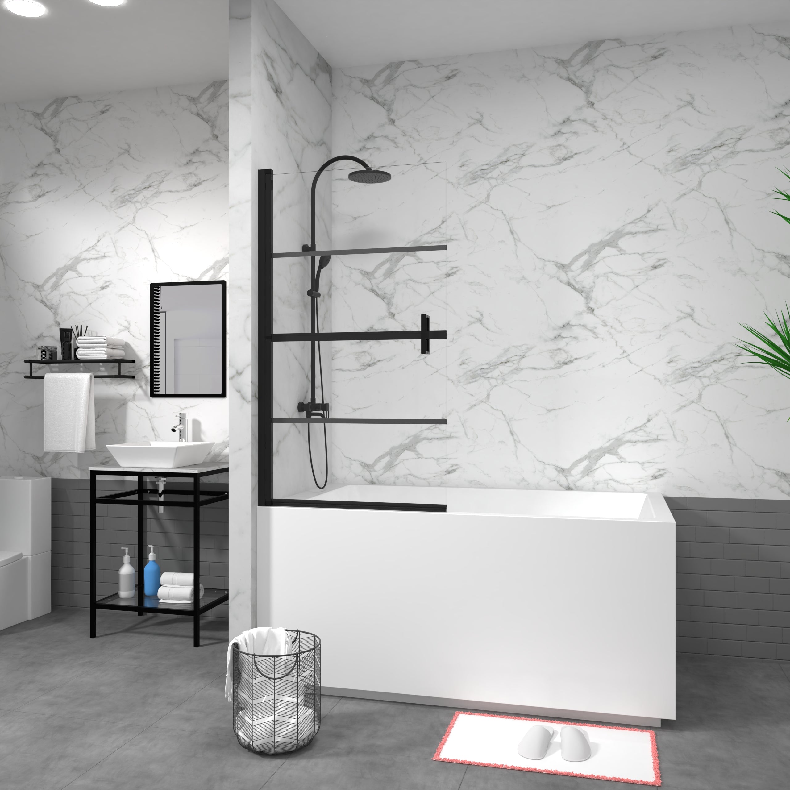 32 x 55 in 180-degree pivot bathtub screen installed view