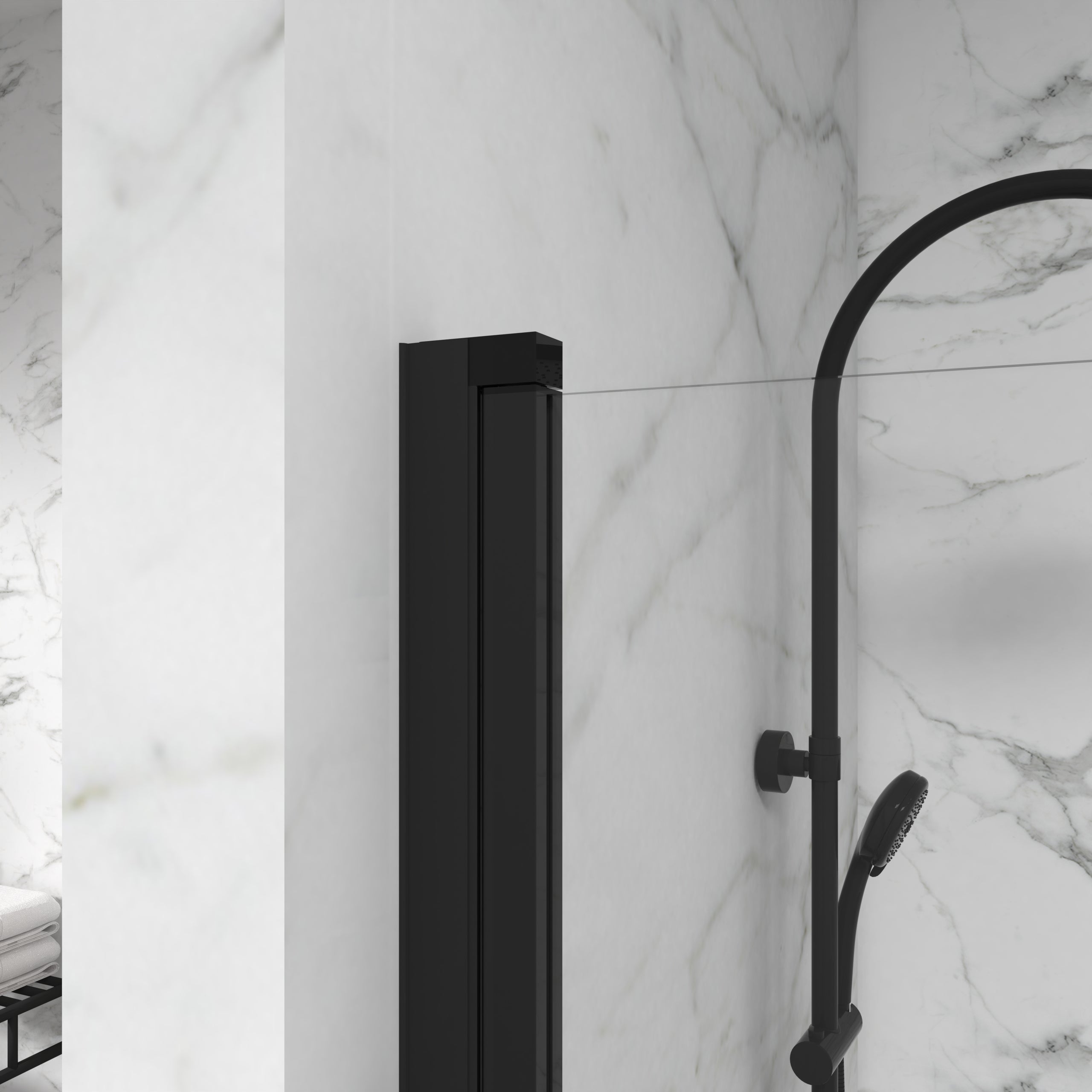 Black pivot bathtub screen bathroom detail