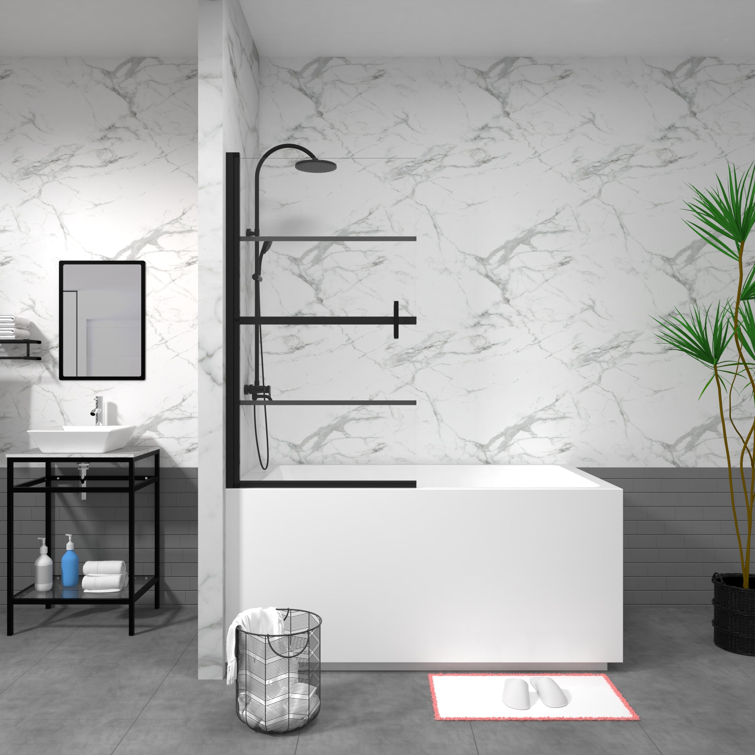 32 x 55 in 180-degree pivot bathtub screen front view